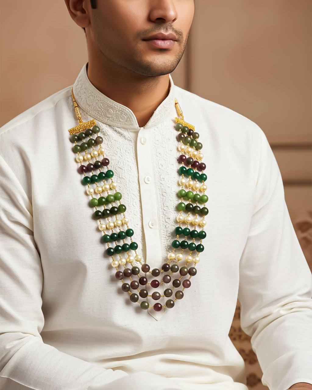Layered Green Gemstone Pearl Groom Mala Necklace | Royal Jaipur Heritage Jewelry