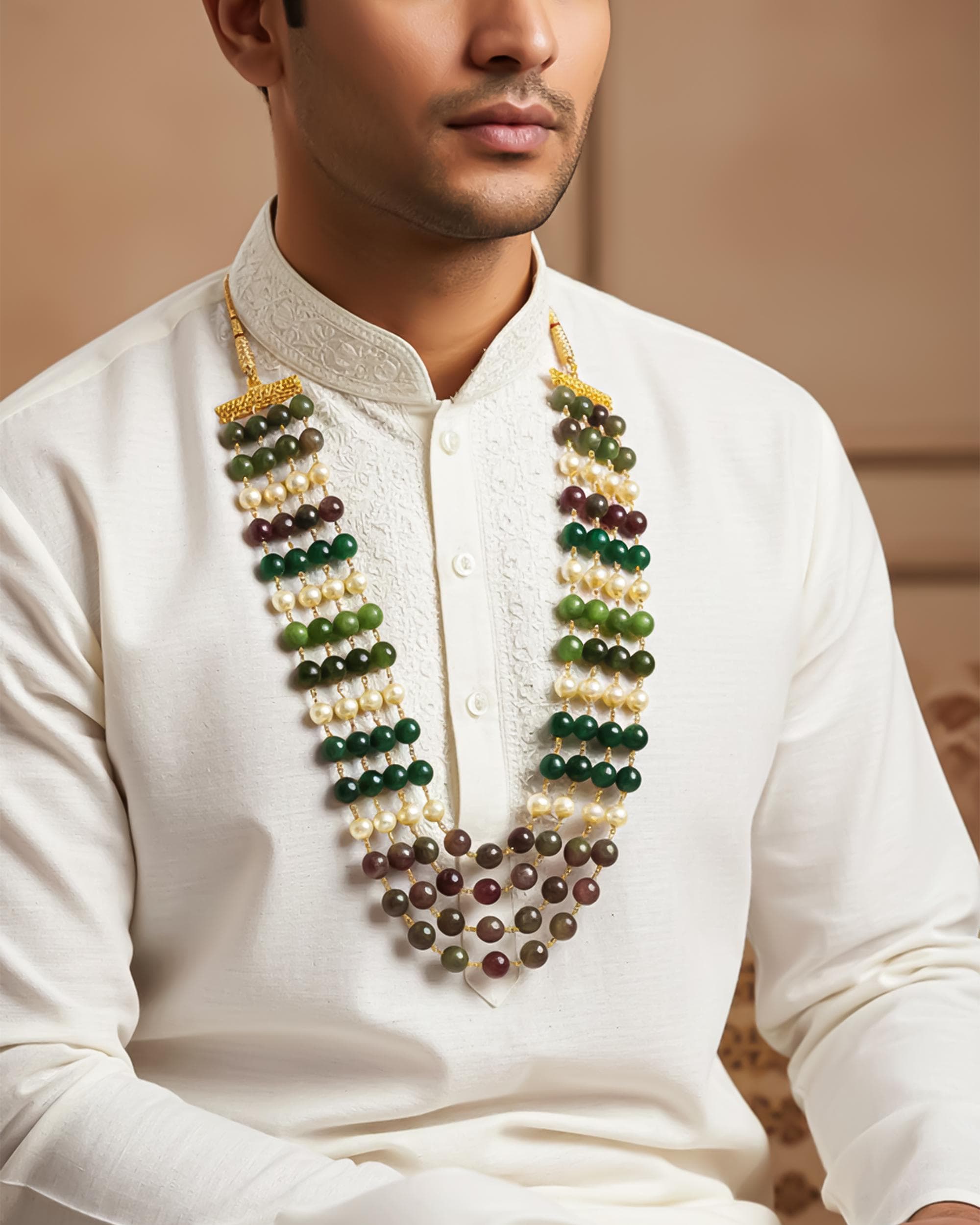 Layered Green Gemstone Pearl Groom Mala Necklace | Royal Jaipur Heritage Jewelry
