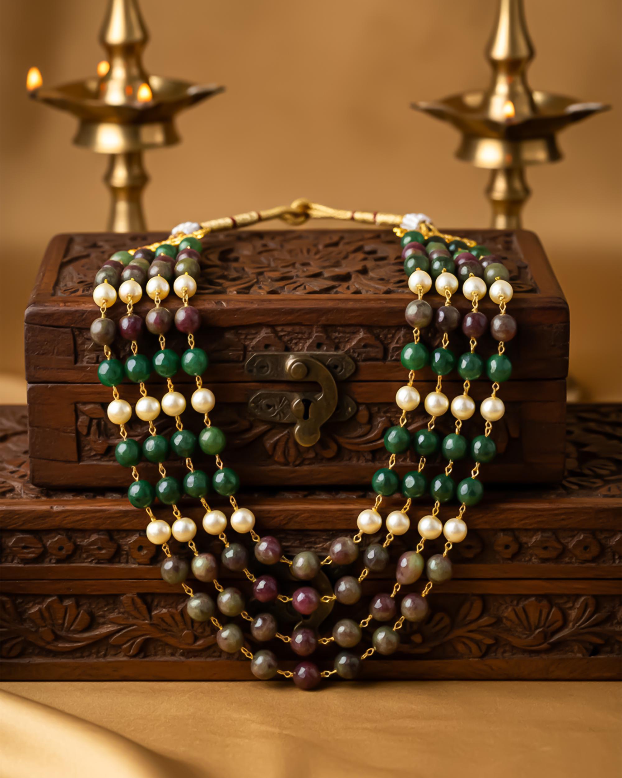 Layered Green Gemstone Pearl Groom Mala Necklace | Royal Jaipur Heritage Jewelry