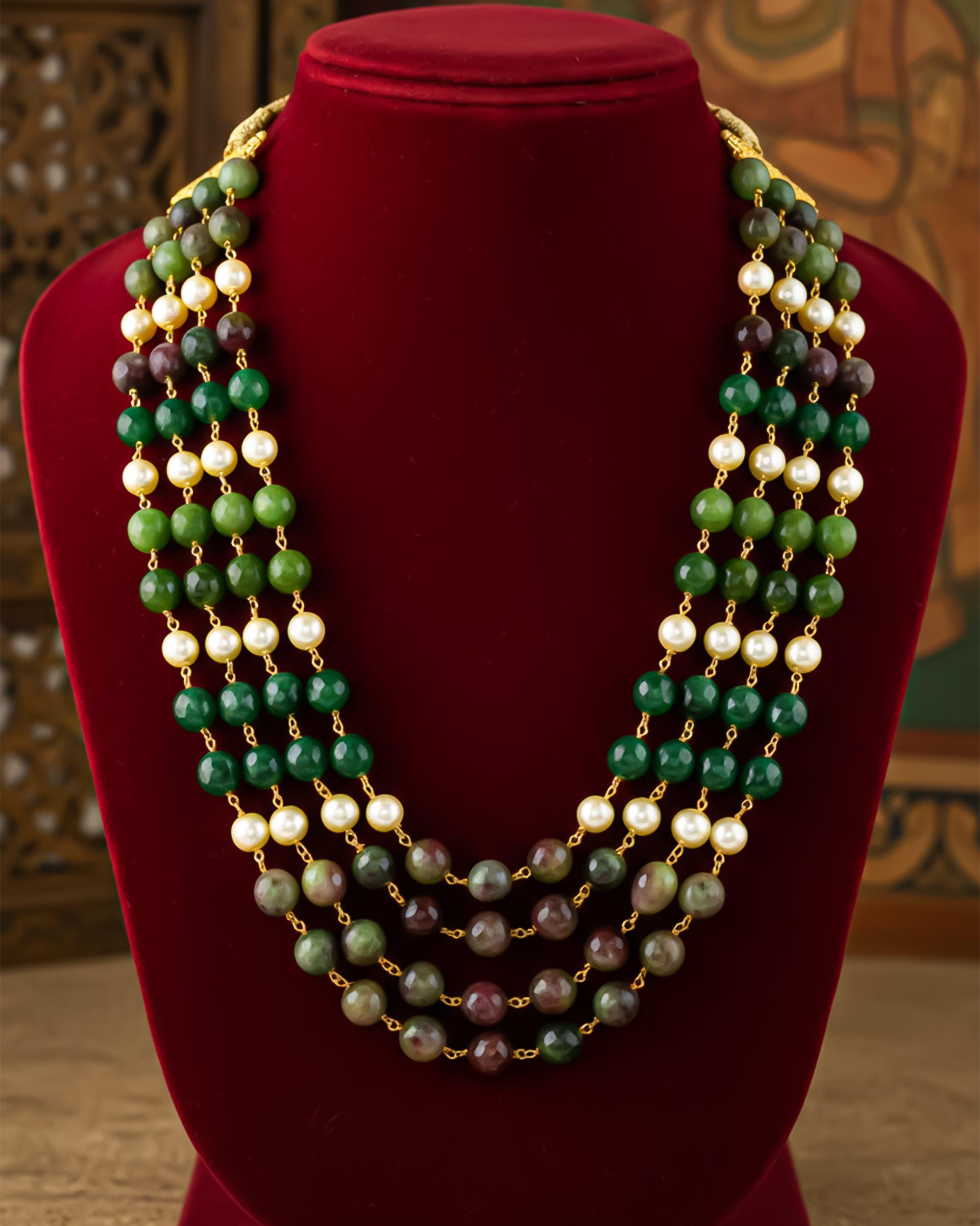 Layered Green Gemstone Pearl Groom Mala Necklace | Royal Jaipur Heritage Jewelry