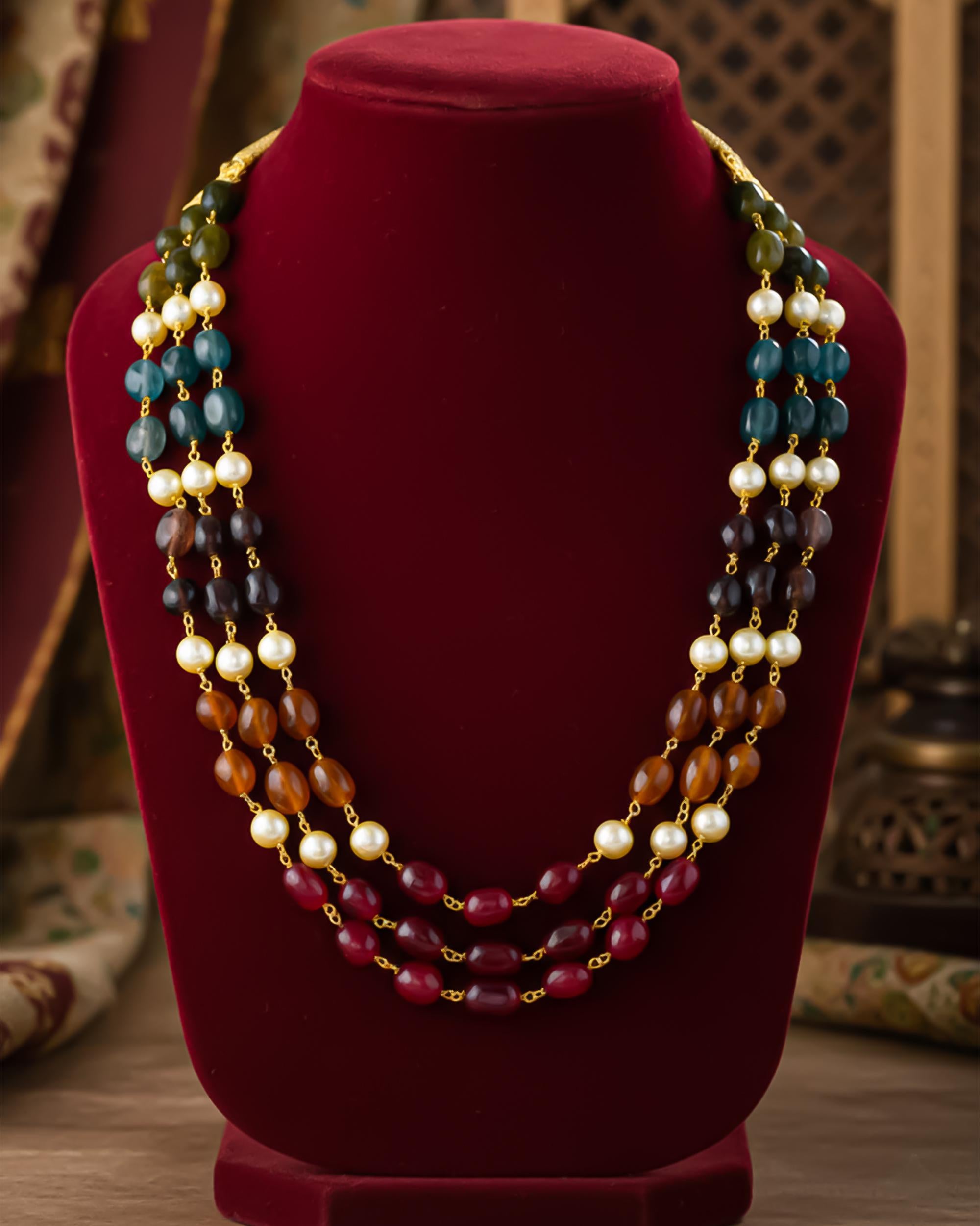 Multi-Color Gemstone Pearl Groom Mala Necklace | Indian Wedding Jewelry for Sherwani