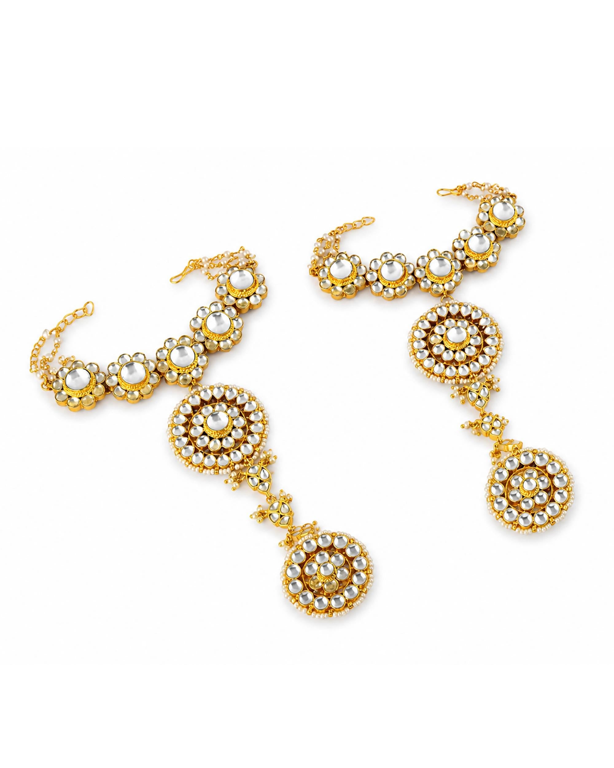 Handcrafted Pachi Kundan Haath Phool | Pearl Bordered Floral Hand Harness | Royal Bridal Jewelry