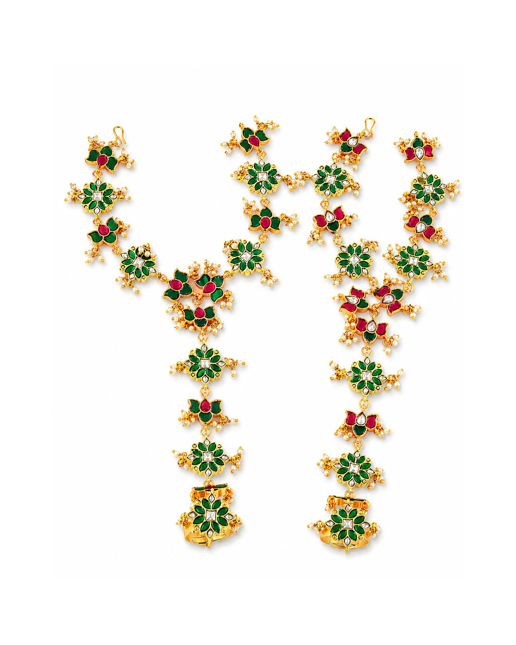 Floral Kundan Hathphool with Enamel, Pearl Accents | Bridal Hand Harness Jewelry