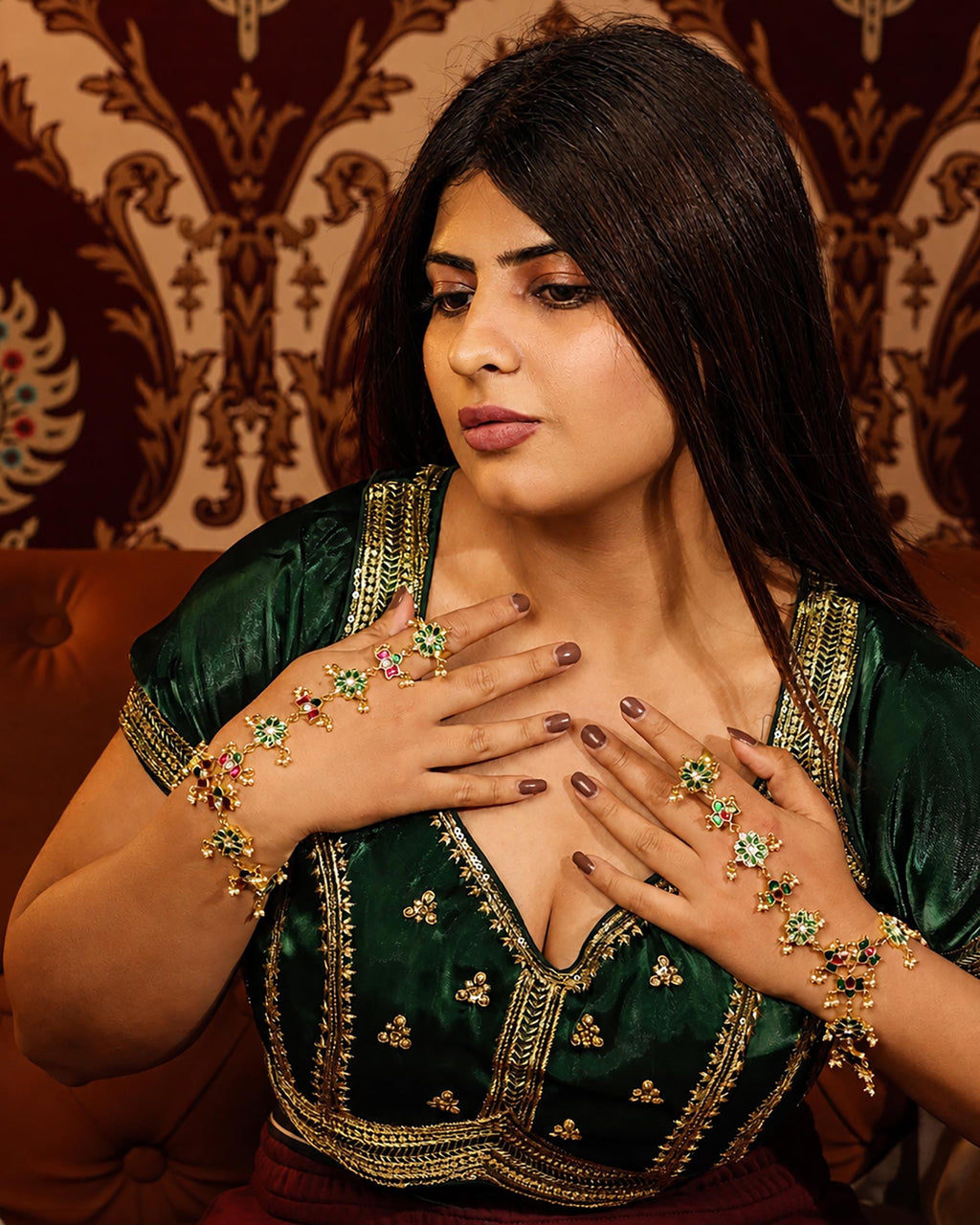 Floral Kundan Hathphool with Enamel, Pearl Accents | Bridal Hand Harness Jewelry