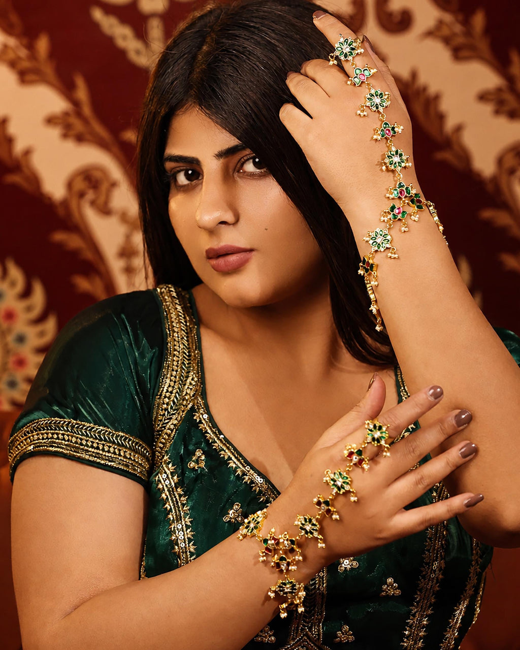 Floral Kundan Hathphool with Enamel, Pearl Accents | Bridal Hand Harness Jewelry