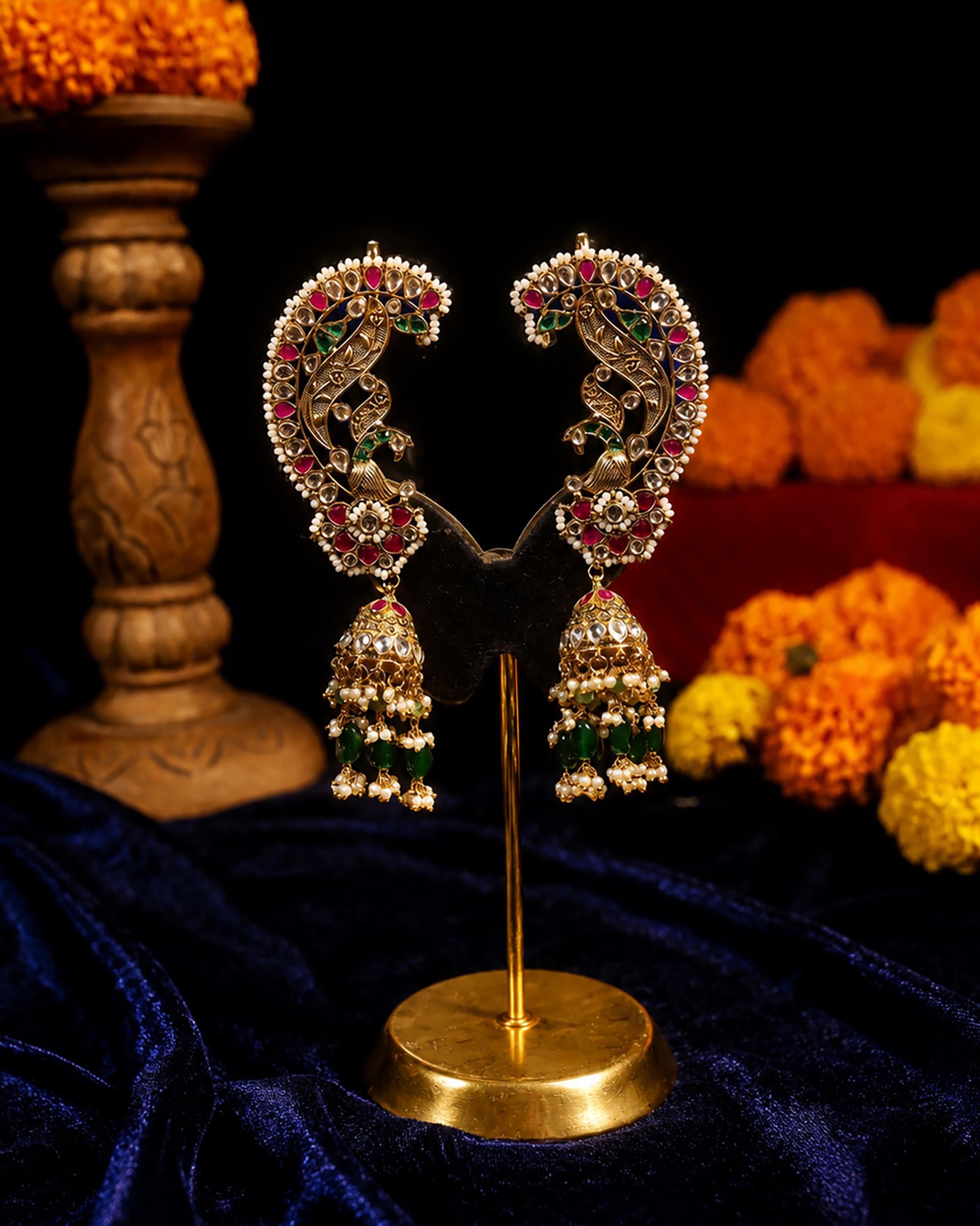 Grand Peacock Ear Cuff with Jhumka Drops | Statement Ethnic Earcuff Earrings | Bridal Kundan Jewelry