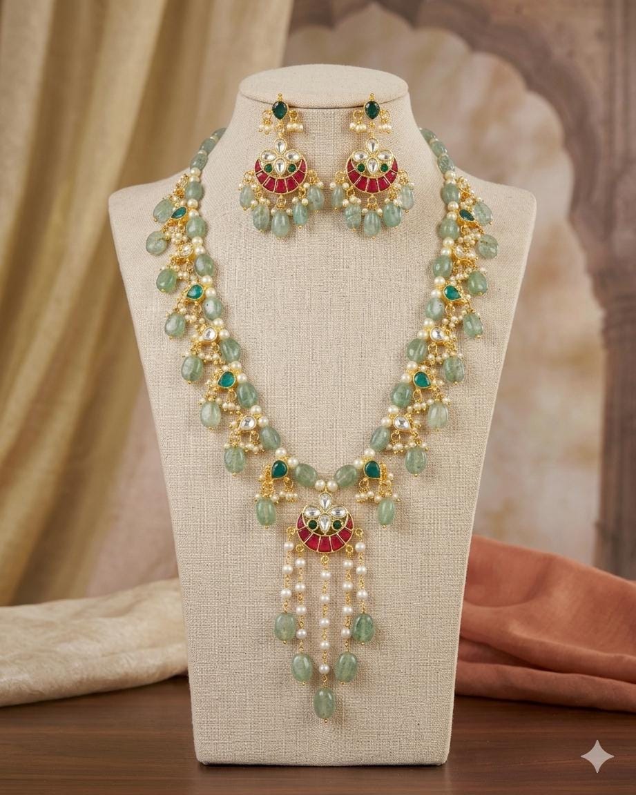 Green Beaded Kundan Necklace Set with Chandbali Earrings | Traditional Indian Bridal Jewelry