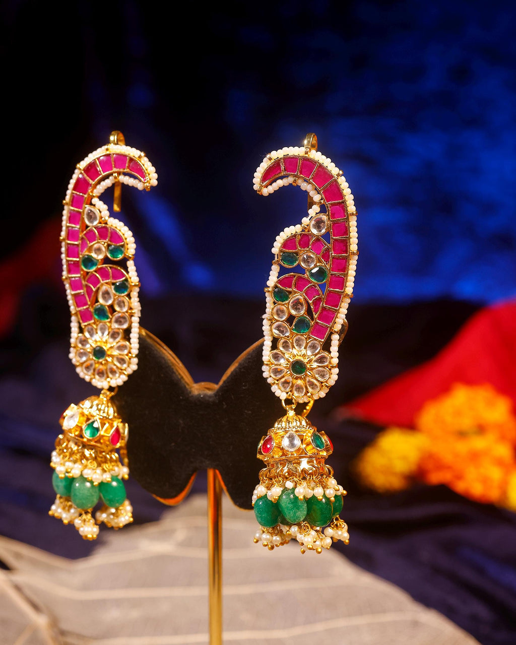 Kundan Paisley Earcuffs with Green Jhumka Drops  Ethnic Indian Statement Jewelry