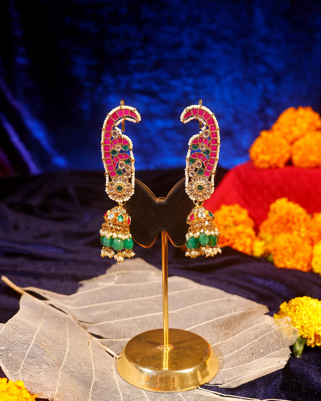 Kundan Paisley Earcuffs with Green Jhumka Drops  Ethnic Indian Statement Jewelry