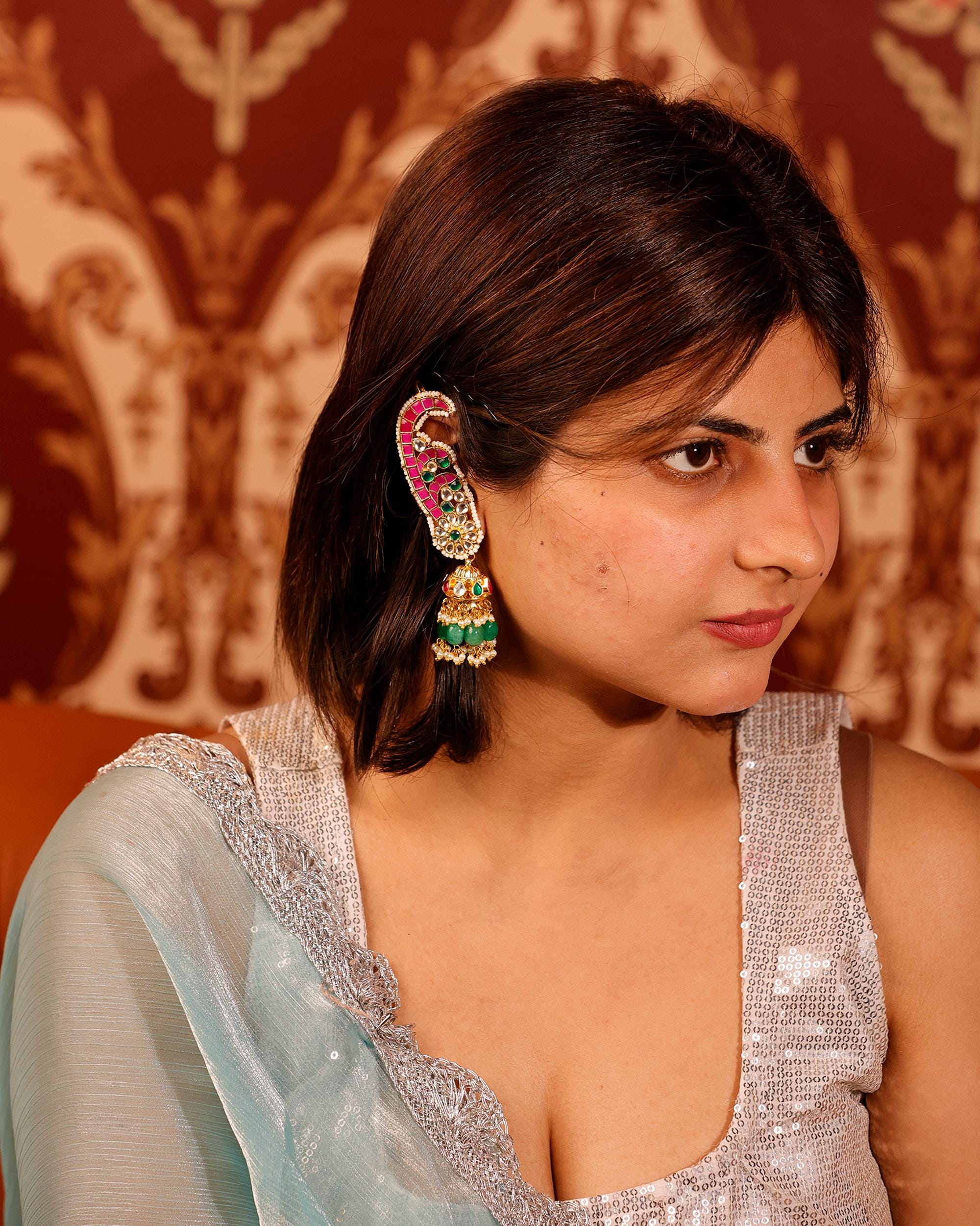 Kundan Paisley Earcuffs with Green Jhumka Drops  Ethnic Indian Statement Jewelry