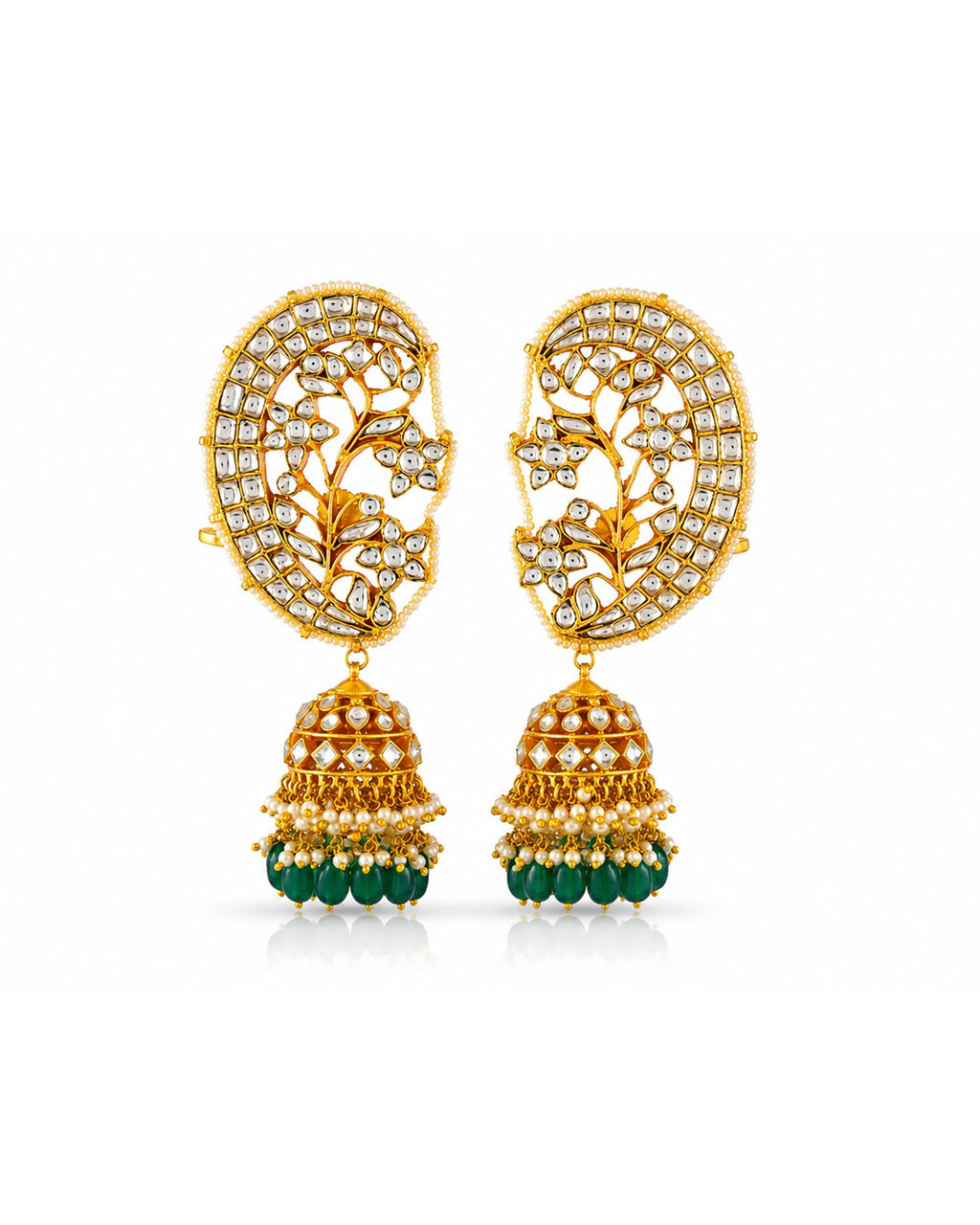 Floral Lattice Kundan Earcuffs, White Stone Emerald Bead Jhumka, Ethnic Statement Jewelry