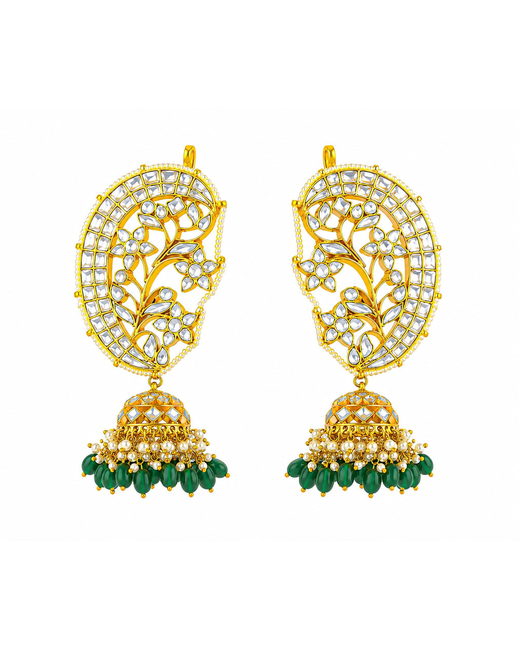 Floral Lattice Kundan Earcuffs, White Stone Emerald Bead Jhumka, Ethnic Statement Jewelry