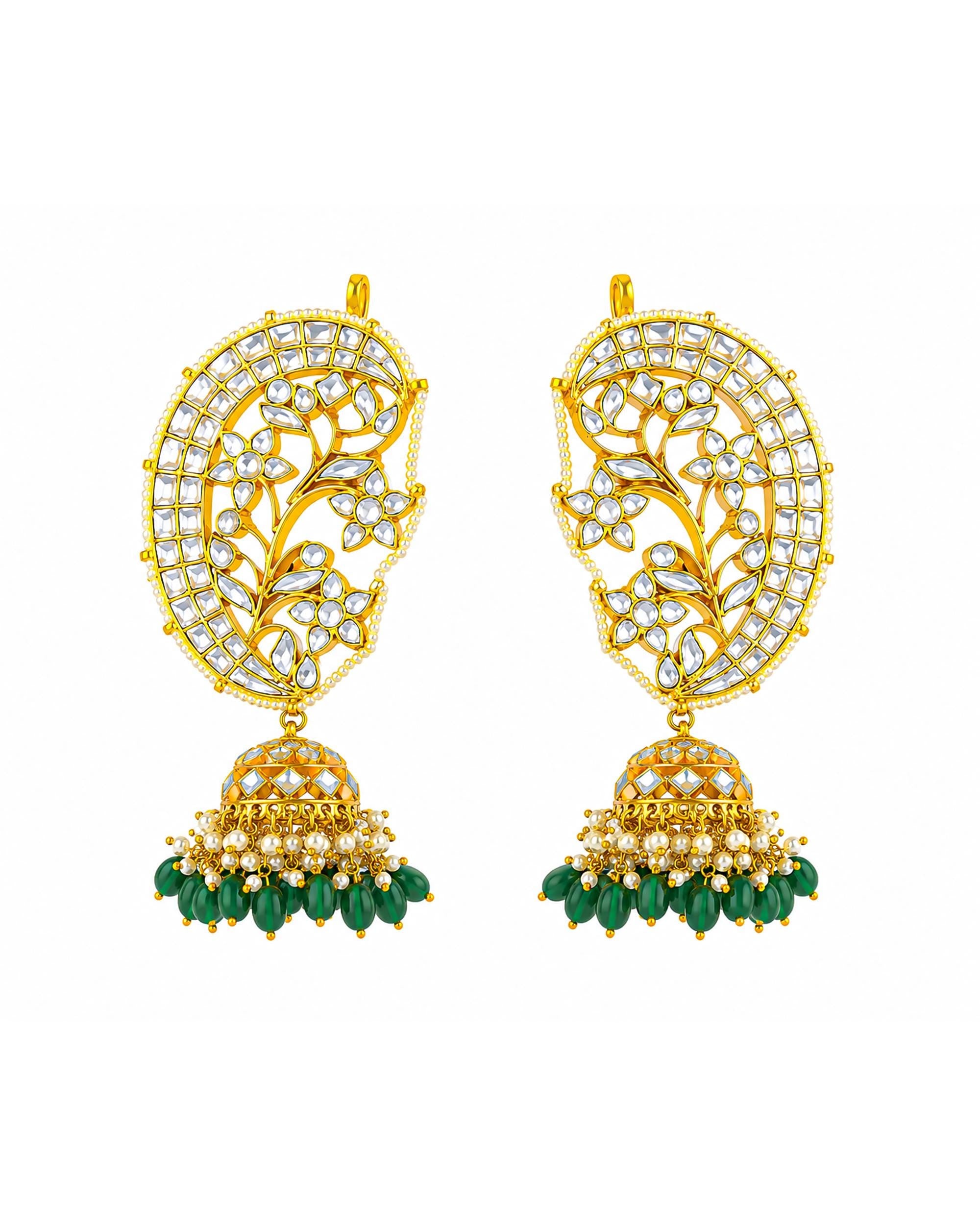 Floral Lattice Kundan Earcuffs, White Stone Emerald Bead Jhumka, Ethnic Statement Jewelry