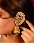 Floral Lattice Kundan Earcuffs, White Stone Emerald Bead Jhumka, Ethnic Statement Jewelry
