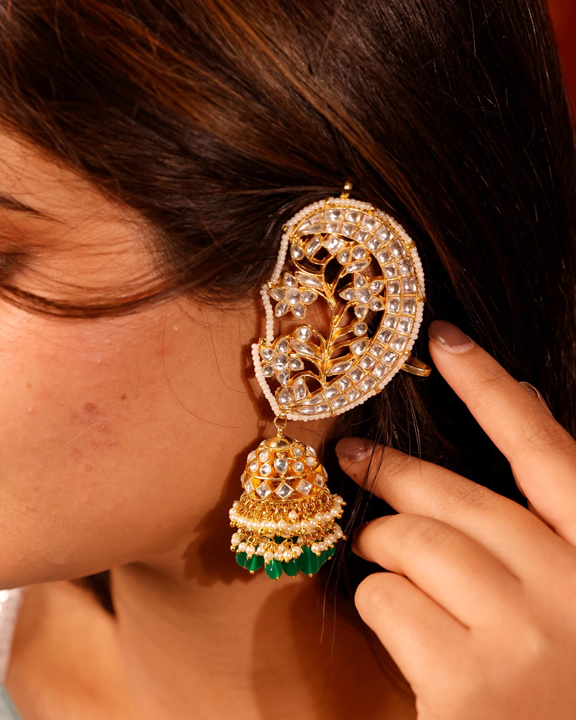 Floral Lattice Kundan Earcuffs, White Stone Emerald Bead Jhumka, Ethnic Statement Jewelry