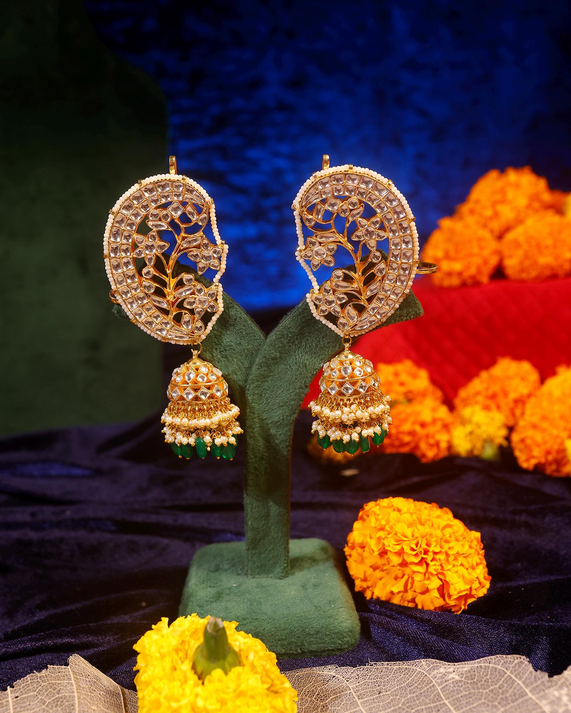 Floral Lattice Kundan Earcuffs, White Stone Emerald Bead Jhumka, Ethnic Statement Jewelry