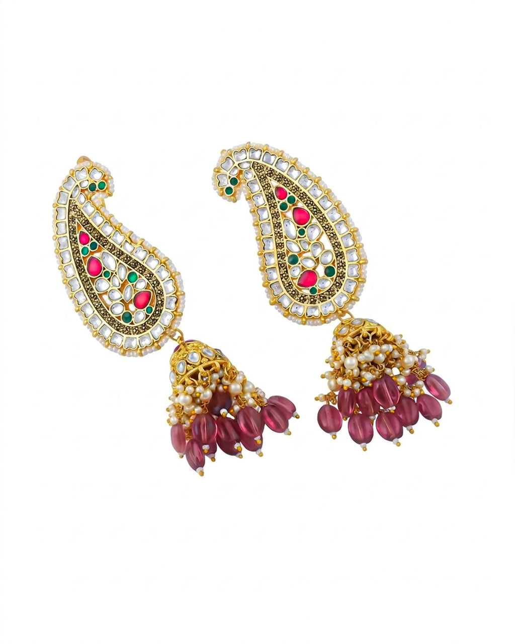 Heavy Kundan Earcuffs, Traditional Paisley Design, Ruby Emerald Indian Earrings
