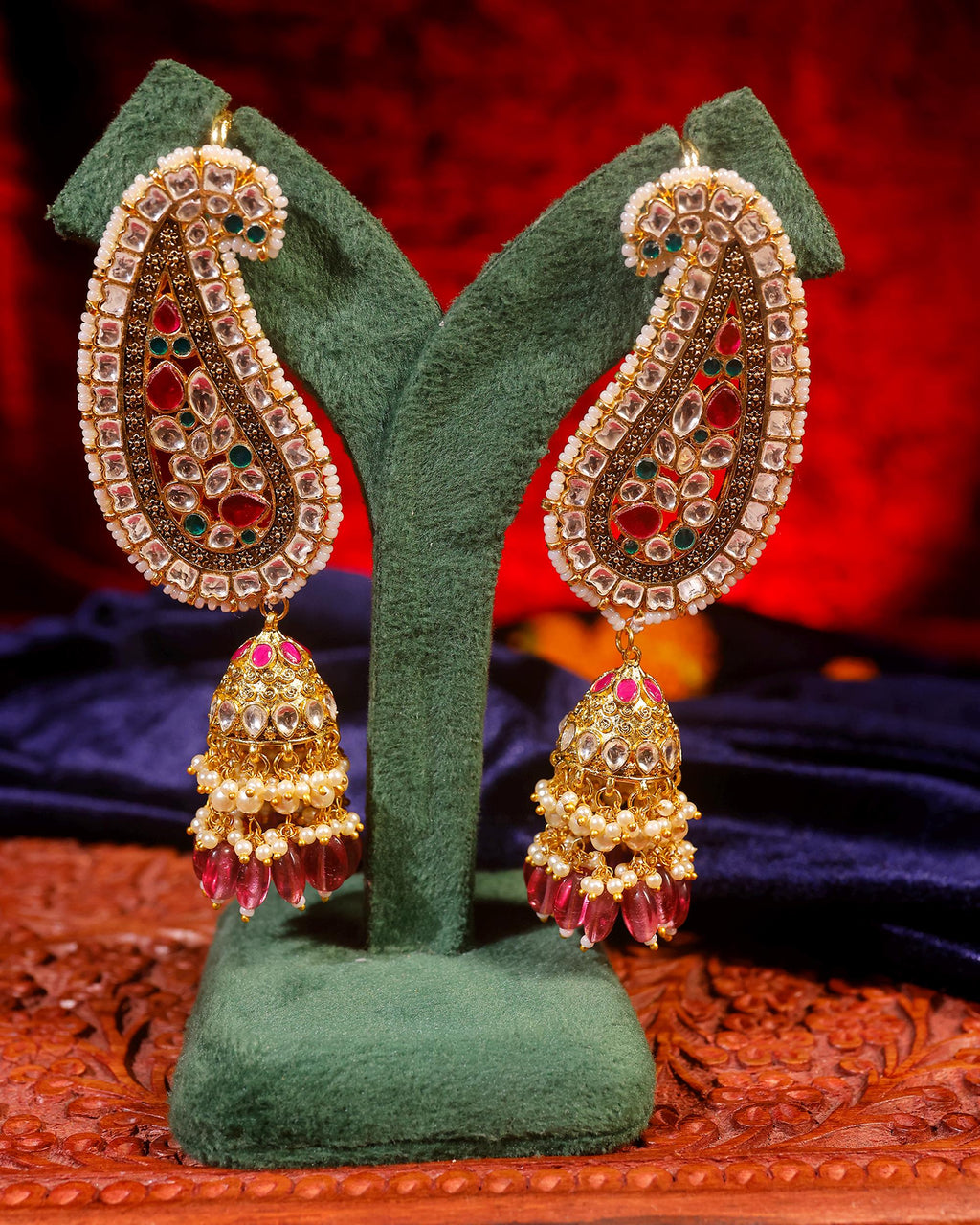 Heavy Kundan Earcuffs, Traditional Paisley Design, Ruby Emerald Indian Earrings