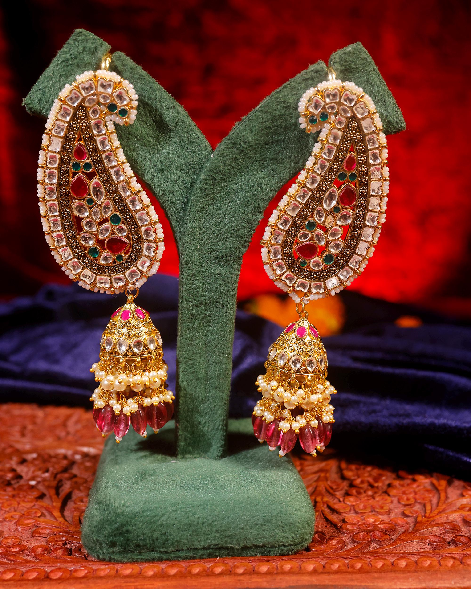 Heavy Kundan Earcuffs, Traditional Paisley Design, Ruby Emerald Indian Earrings