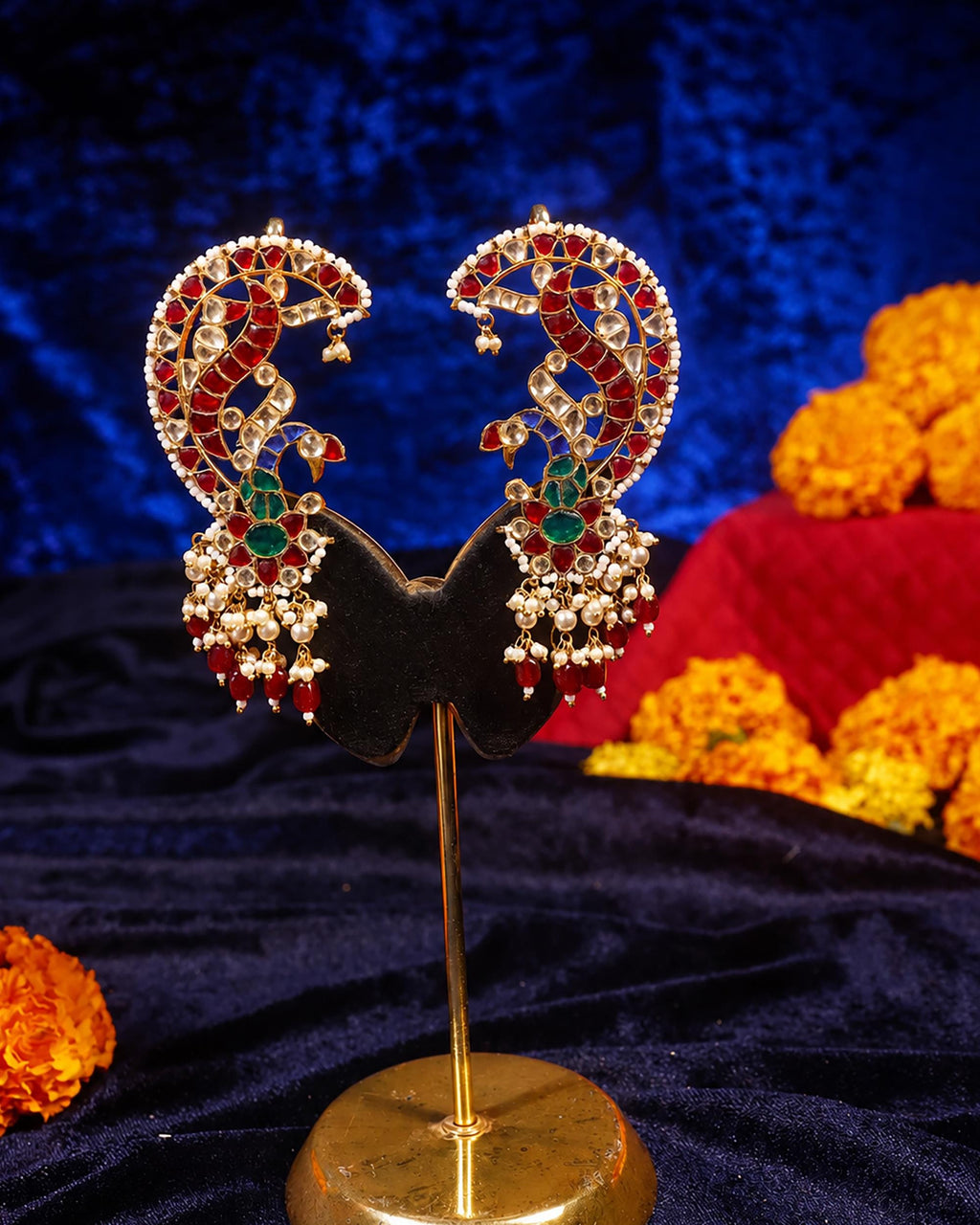 Peacock Kundan Earcuffs, Traditional Indian Wedding Jewelry, Multi-Color Ruby Bead Drops