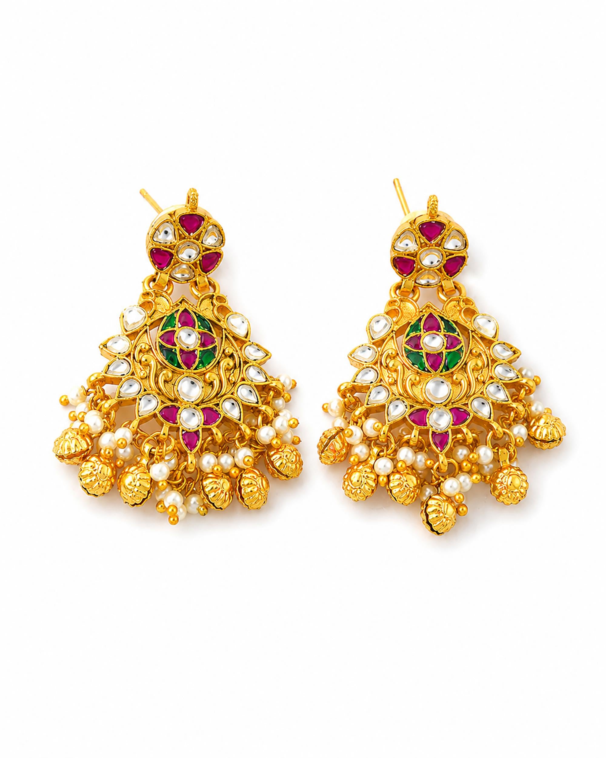 Traditional Kundan Earrings, Ethnic Indian Jewelry for Weddings, Large Chandbali Earrings with Multi-Color Stones