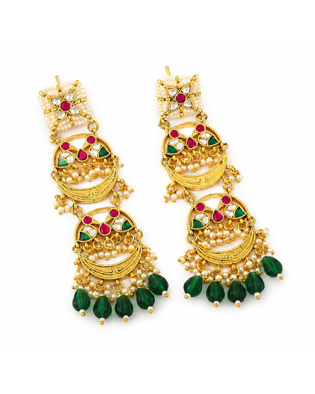 Tiered Kundan Chandbali Earrings, Emerald Drops, Traditional Indian Statement Jewelry