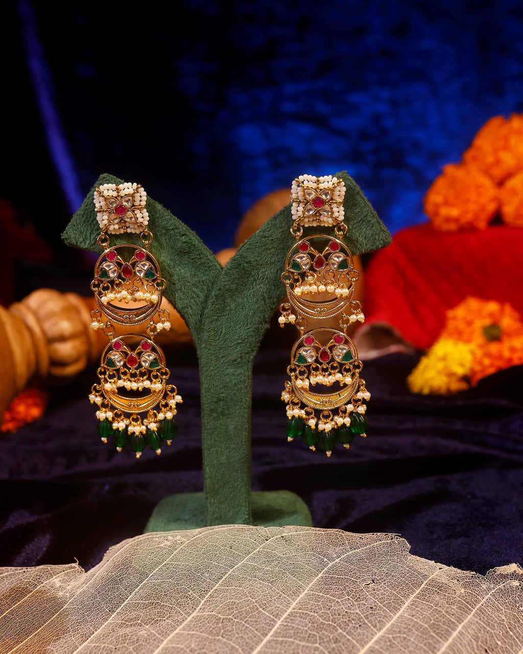 Tiered Kundan Chandbali Earrings, Emerald Drops, Traditional Indian Statement Jewelry
