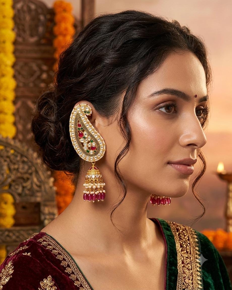 Heavy Kundan Earcuffs, Traditional Paisley Design, Ruby Emerald Indian Earrings