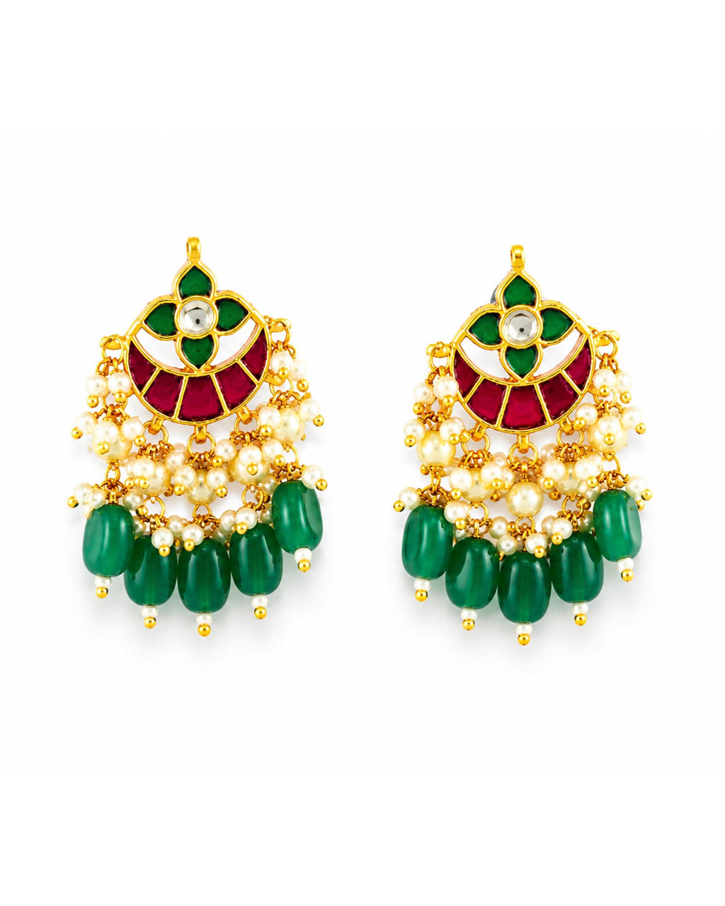 Traditional Indian Jewelry, Multi-Color Kundan Chandbalis, Emerald Bead Earrings, Wedding Guest Statement Piece