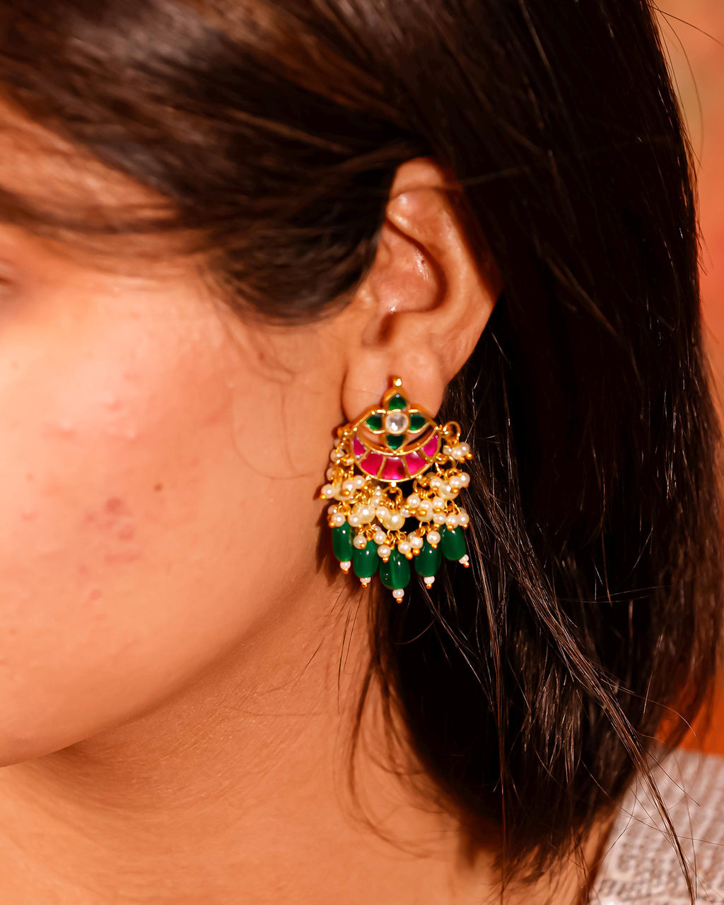 Traditional Indian Jewelry, Multi-Color Kundan Chandbalis, Emerald Bead Earrings, Wedding Guest Statement Piece