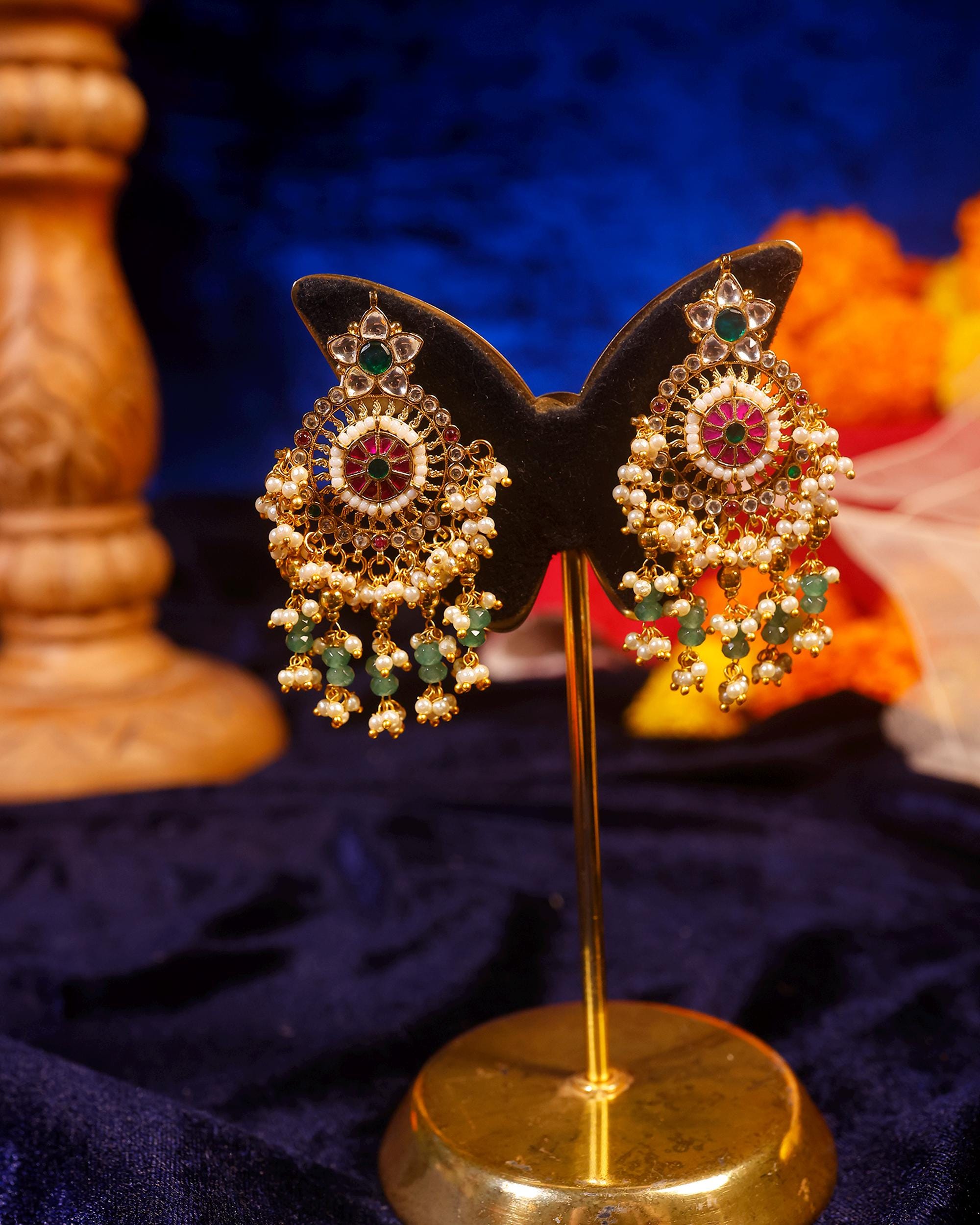 Traditional Kundan Earrings, Ethnic Indian Jewelry for Weddings, Large Medallion Earrings with Multi-Color Stones