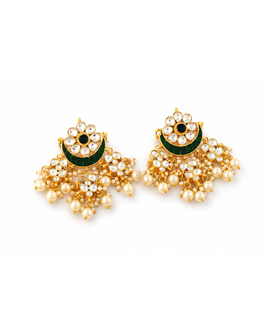 Kundan Chandbali Earrings with Pearl Drops, Green Enamel Statement Jewelry