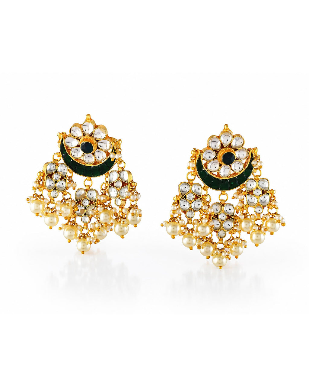 Kundan Chandbali Earrings with Pearl Drops, Green Enamel Statement Jewelry