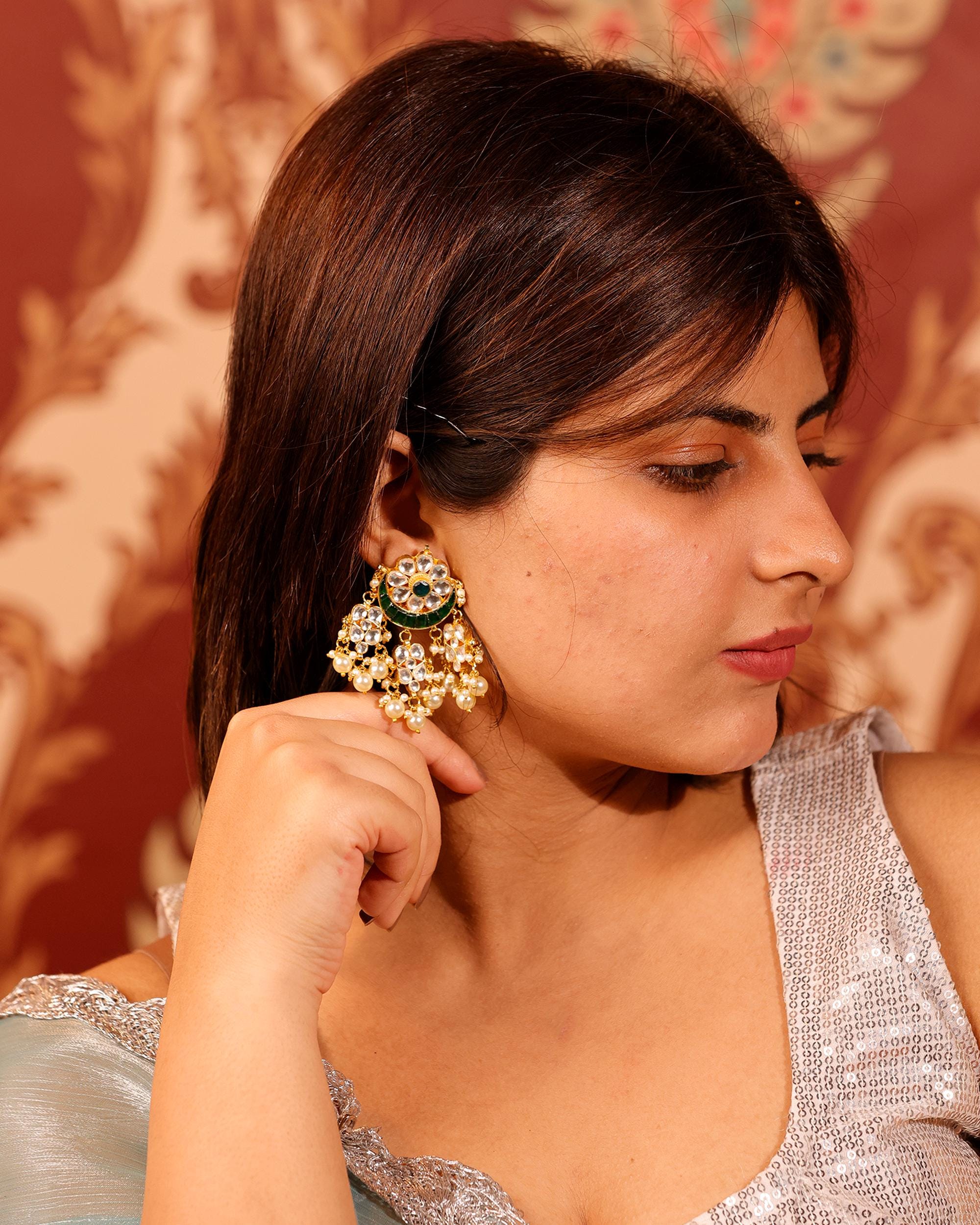 Kundan Chandbali Earrings with Pearl Drops, Green Enamel Statement Jewelry