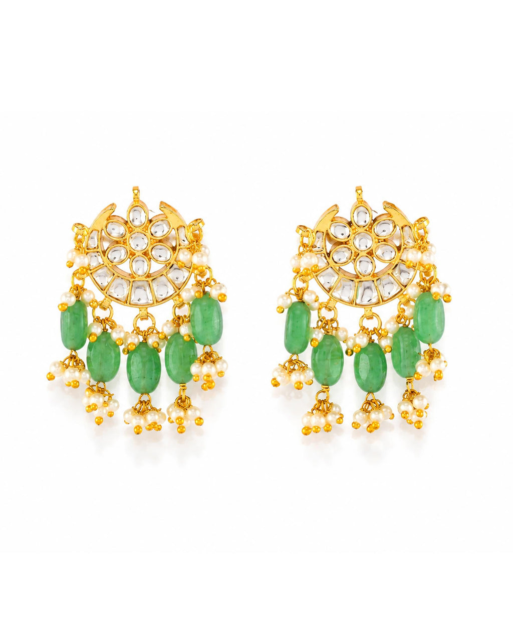 Kundan Chandbali Earrings with Mint Green Beads and Pearl Drops