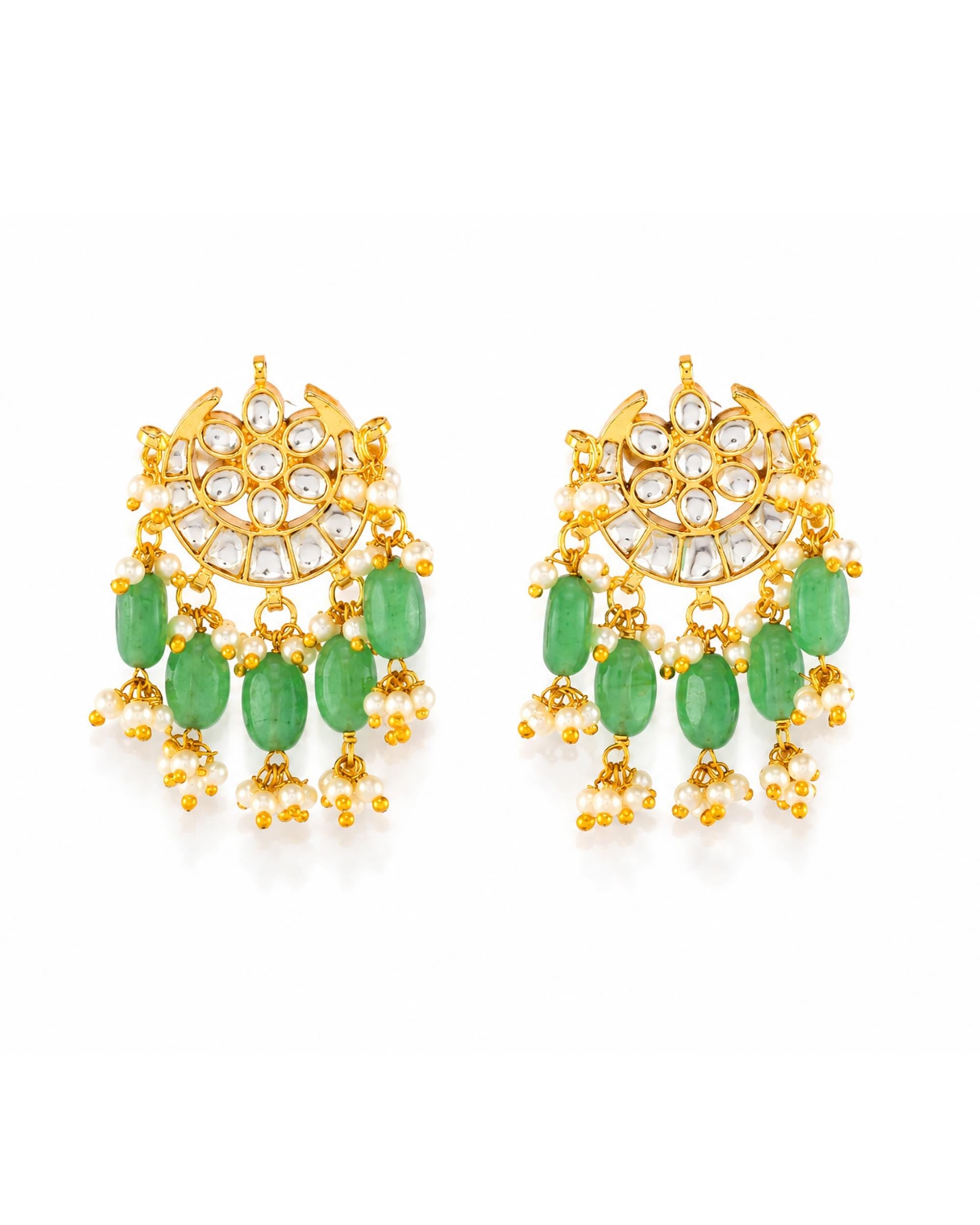 Kundan Chandbali Earrings with Mint Green Beads and Pearl Drops