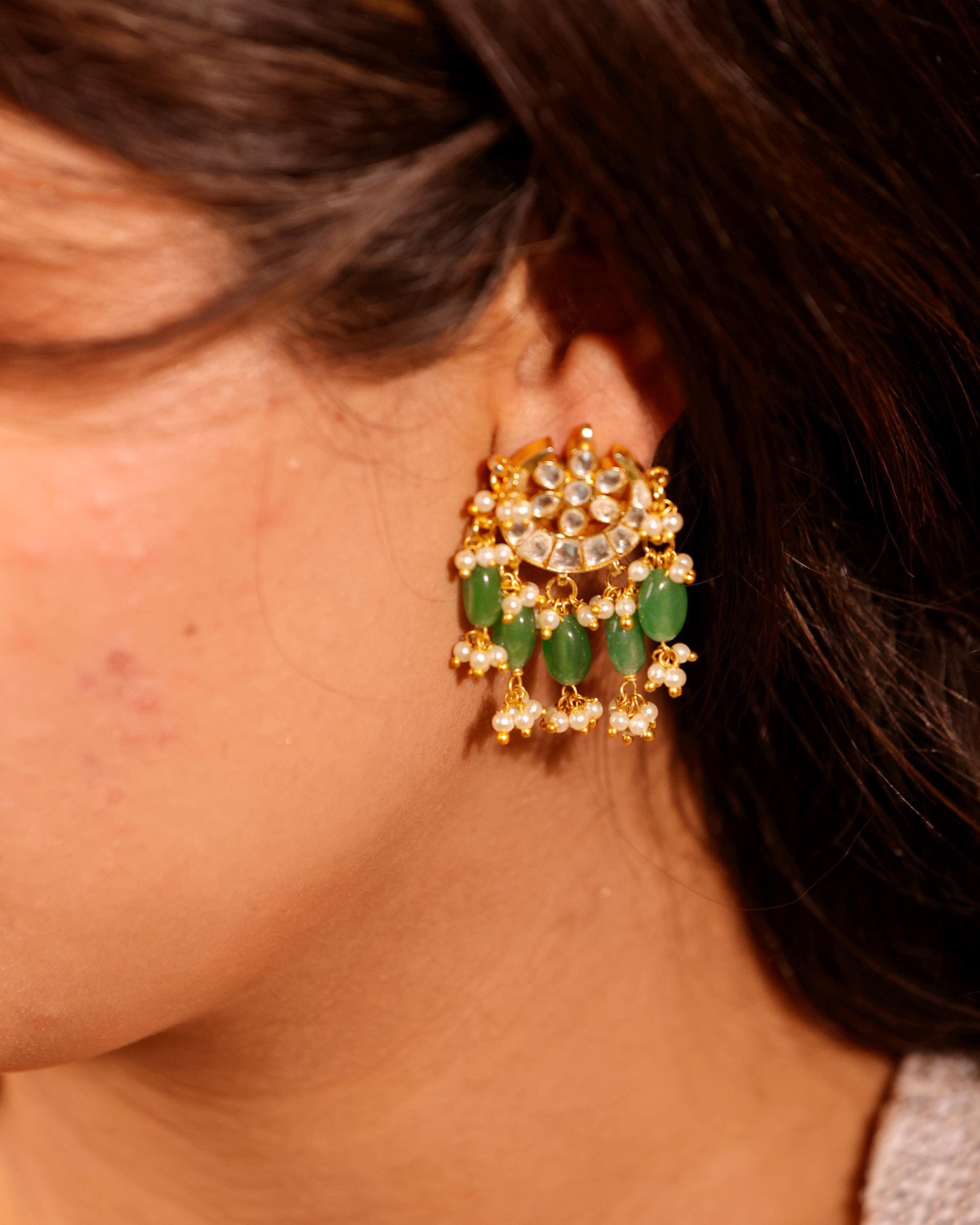 Kundan Chandbali Earrings with Mint Green Beads and Pearl Drops