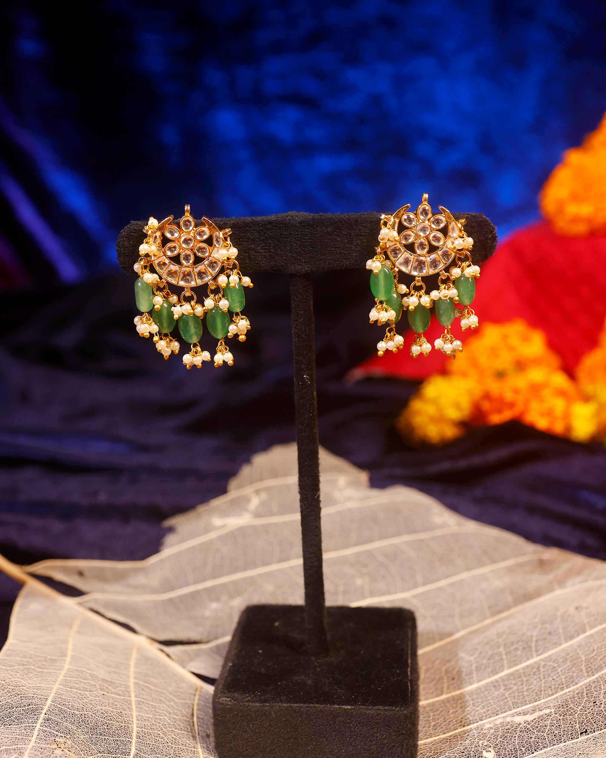 Kundan Chandbali Earrings with Mint Green Beads and Pearl Drops