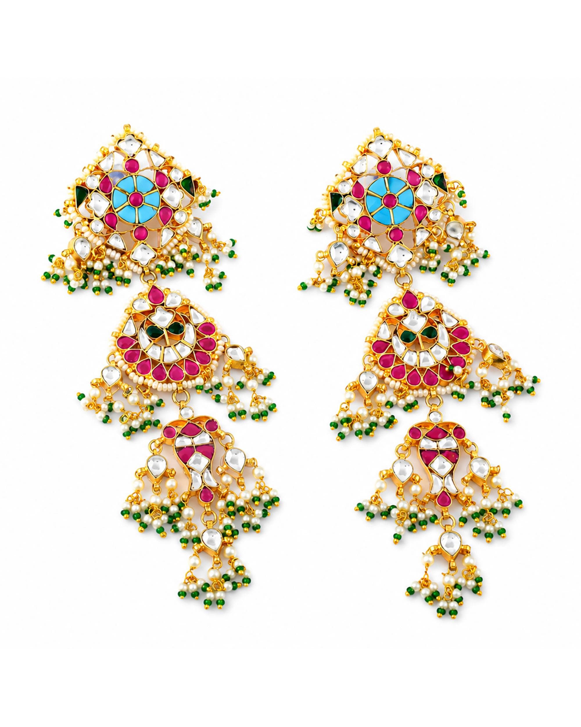 Kundan Chandelier Earrings, Traditional Indian Bridal Statement, Pearl Green Bead Drops