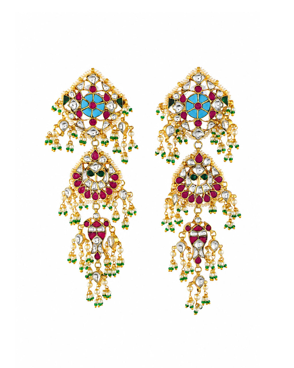 Kundan Chandelier Earrings, Traditional Indian Bridal Statement, Pearl Green Bead Drops