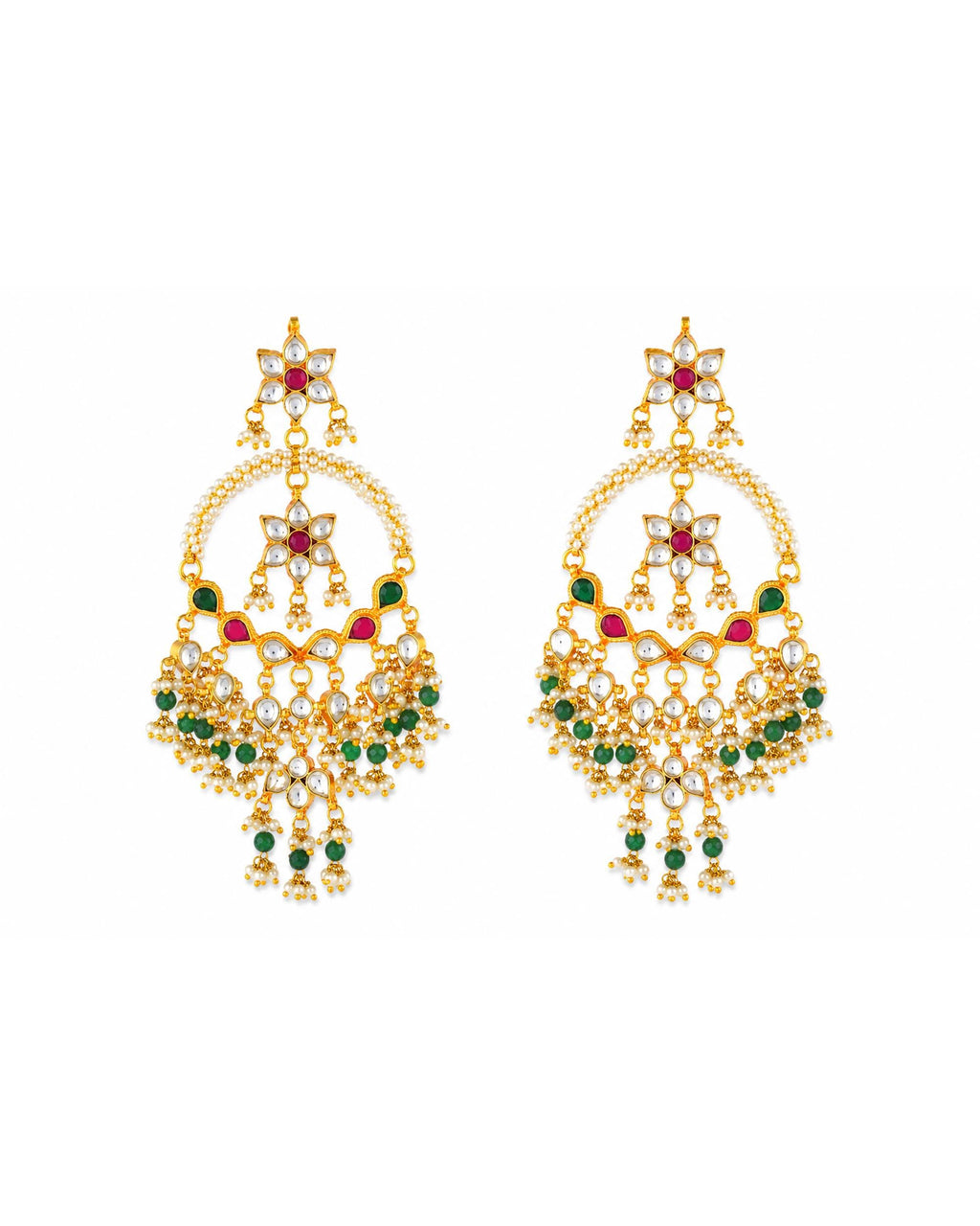 Kundan Medallion Earrings, Green Bead Drops, Traditional Indian Bridal Jewelry