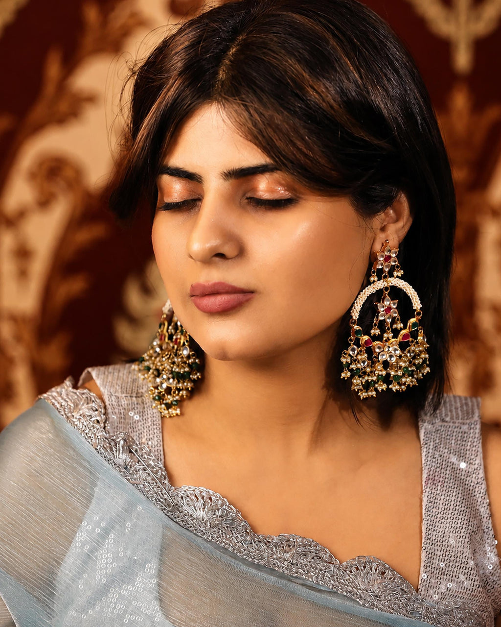 Kundan Medallion Earrings, Green Bead Drops, Traditional Indian Bridal Jewelry