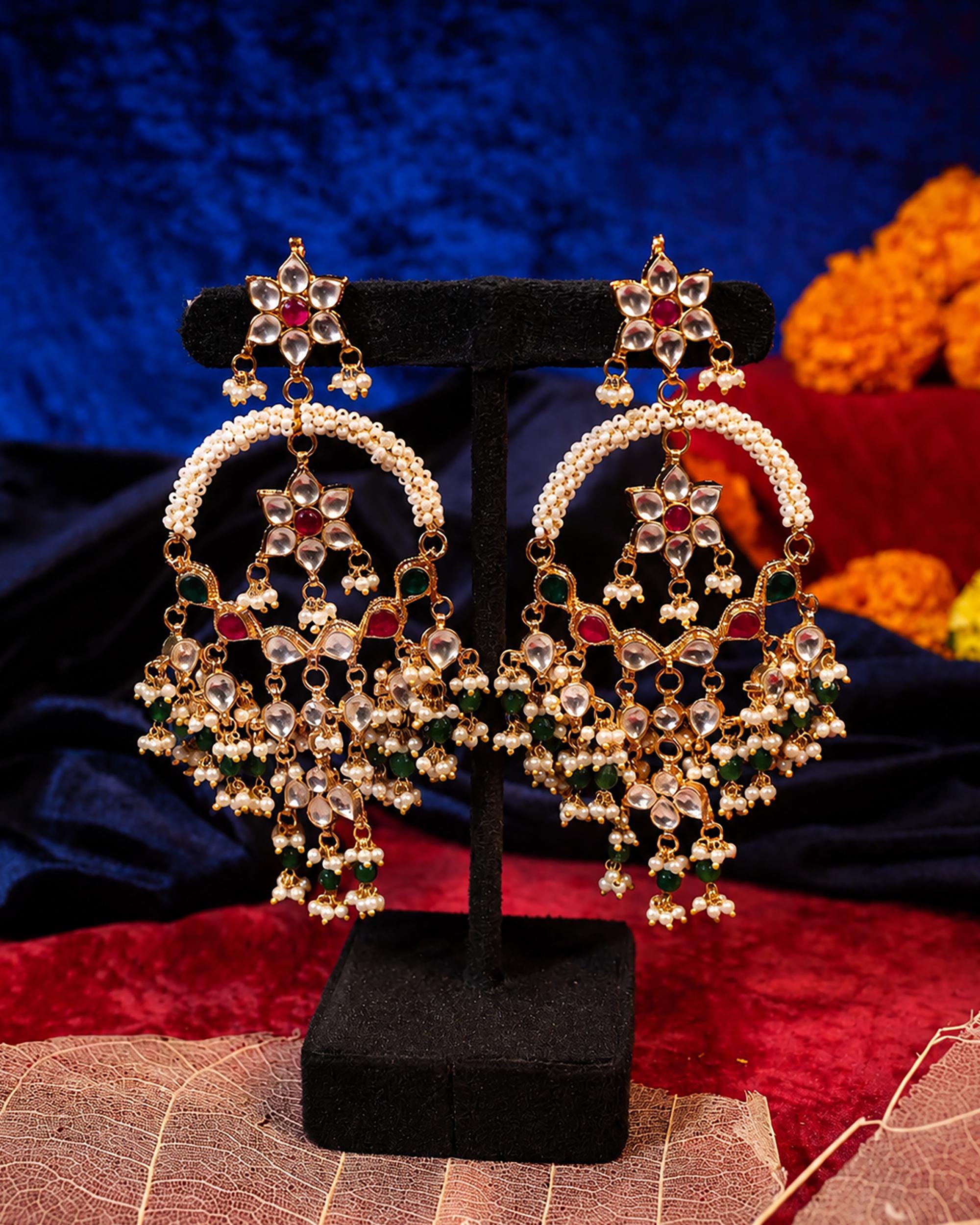 Kundan Medallion Earrings, Green Bead Drops, Traditional Indian Bridal Jewelry