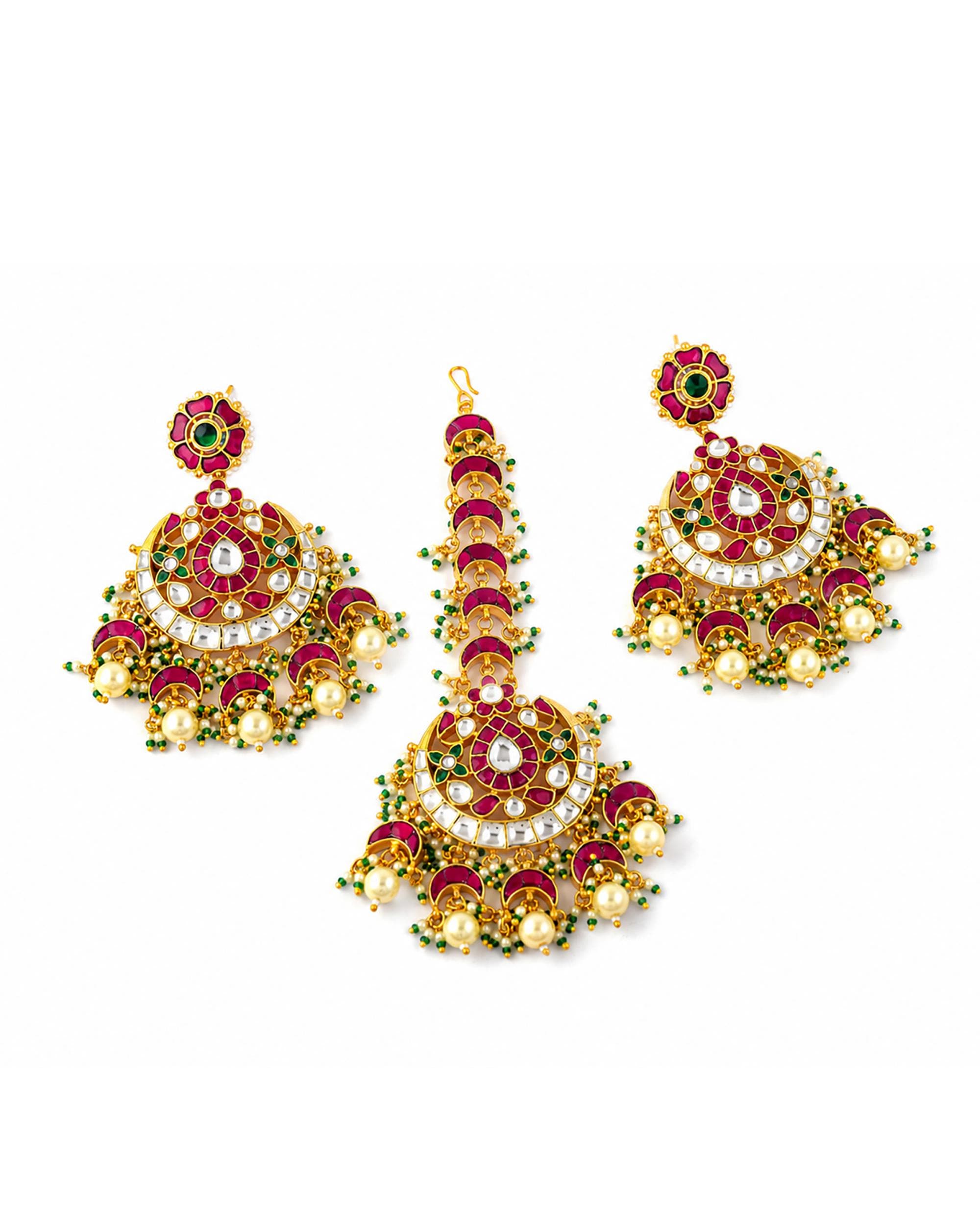 Kundan Chandbali Earrings and Maang Tikka Set, Traditional Indian Bridal Jewelry