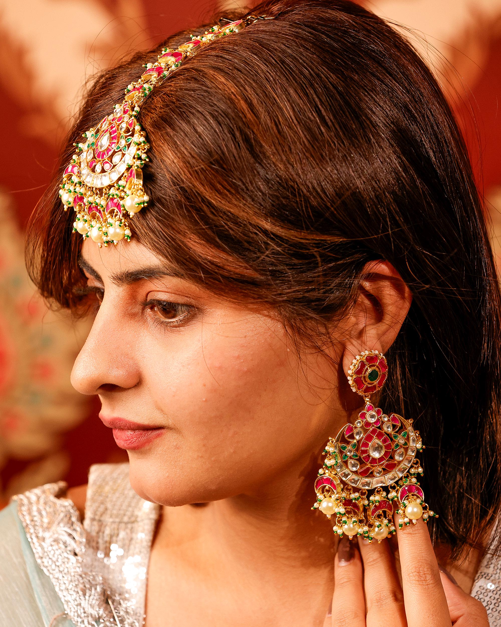 Kundan Chandbali Earrings and Maang Tikka Set, Traditional Indian Bridal Jewelry