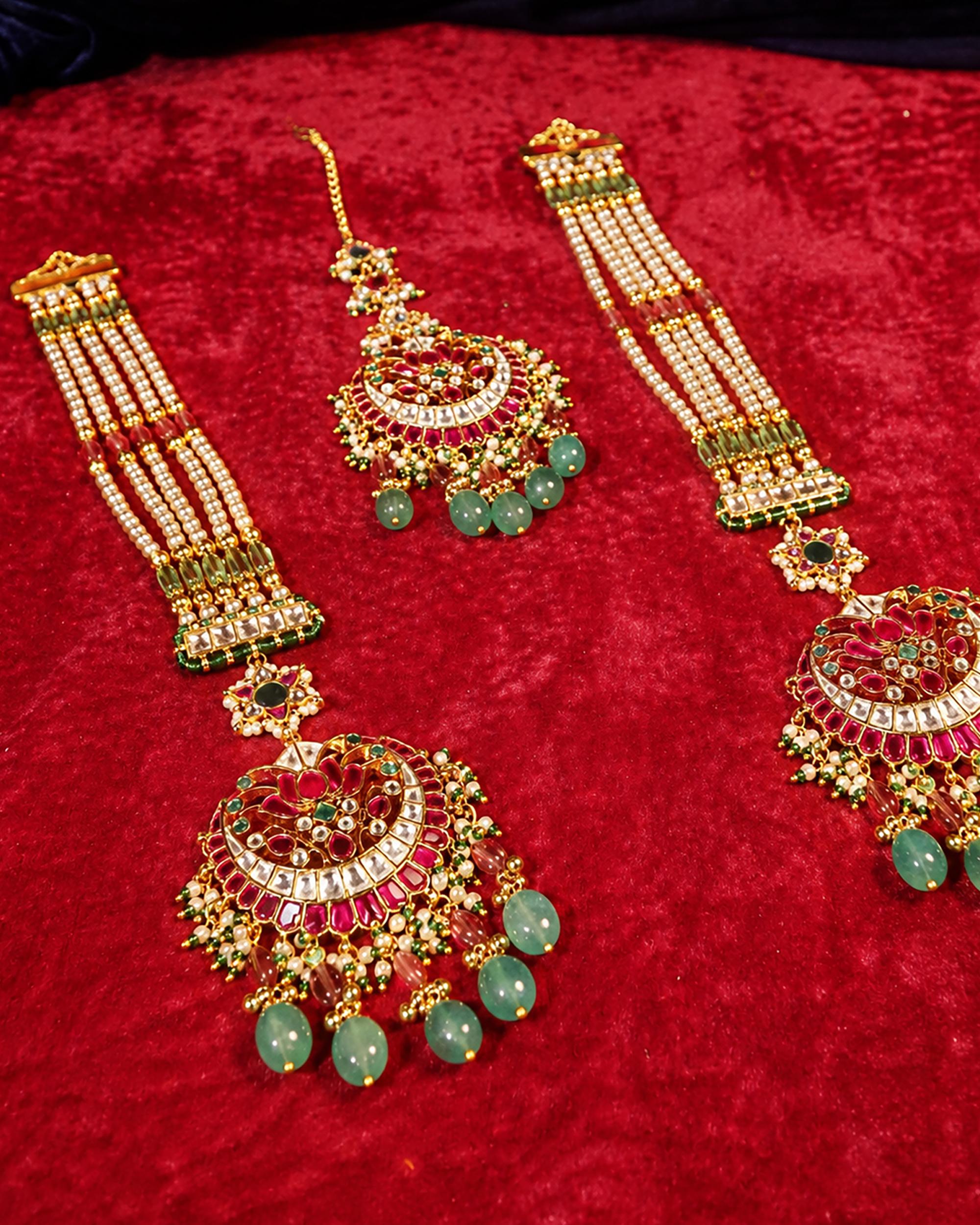 Kundan Chandbali Maang Tikka Set, Ruby Emerald Bridal Jewelry, Festive Ethnic Accessories