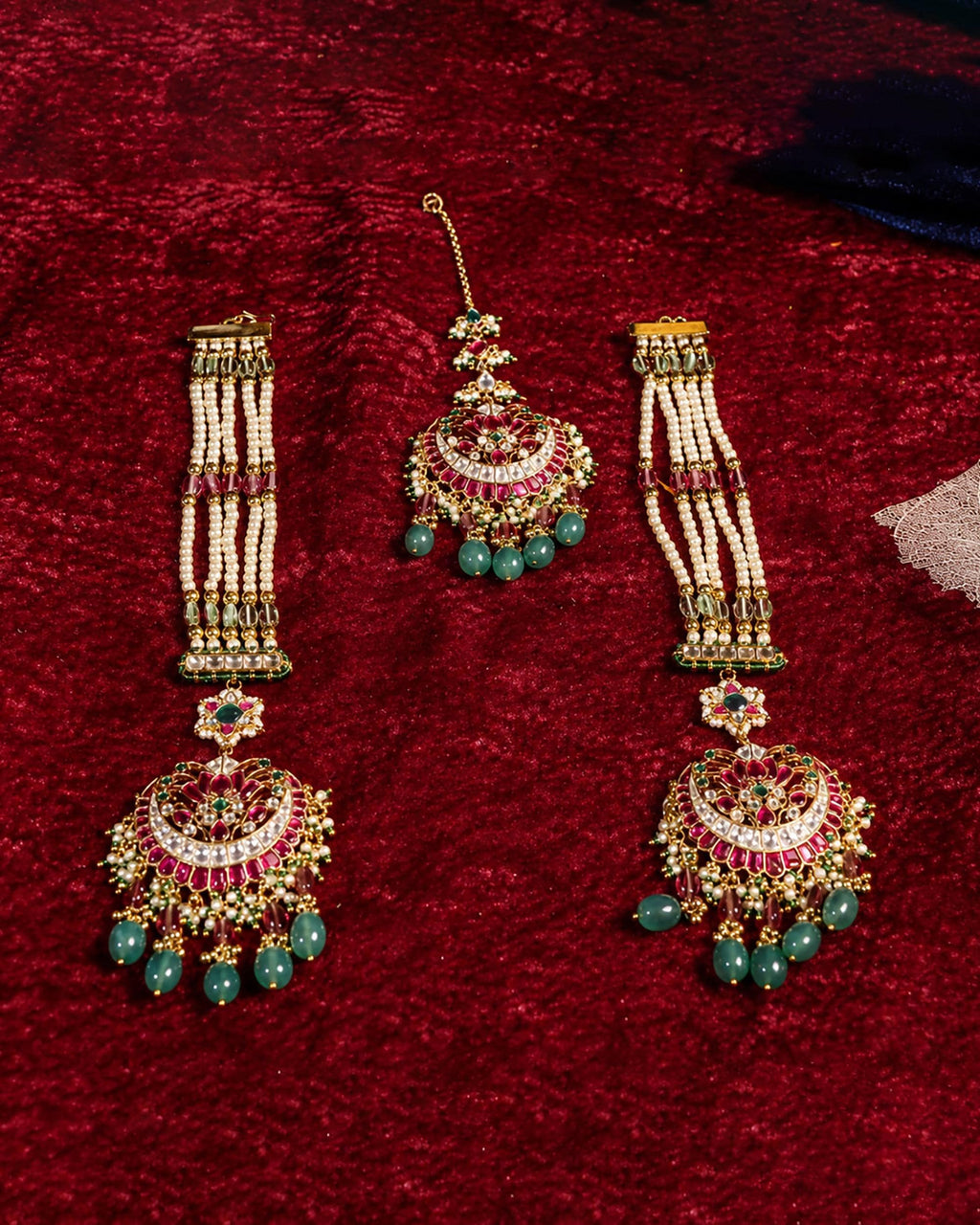 Kundan Chandbali Maang Tikka Set, Ruby Emerald Bridal Jewelry, Festive Ethnic Accessories