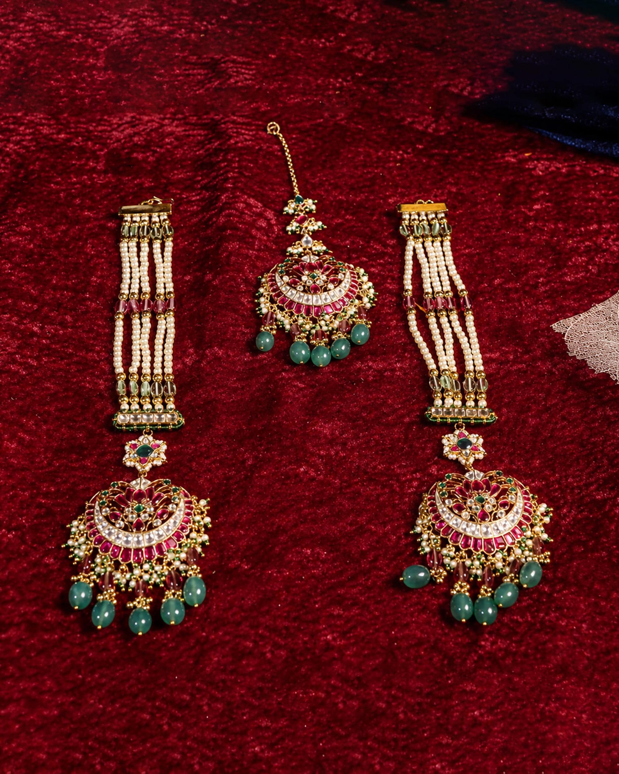 Kundan Chandbali Maang Tikka Set, Ruby Emerald Bridal Jewelry, Festive Ethnic Accessories