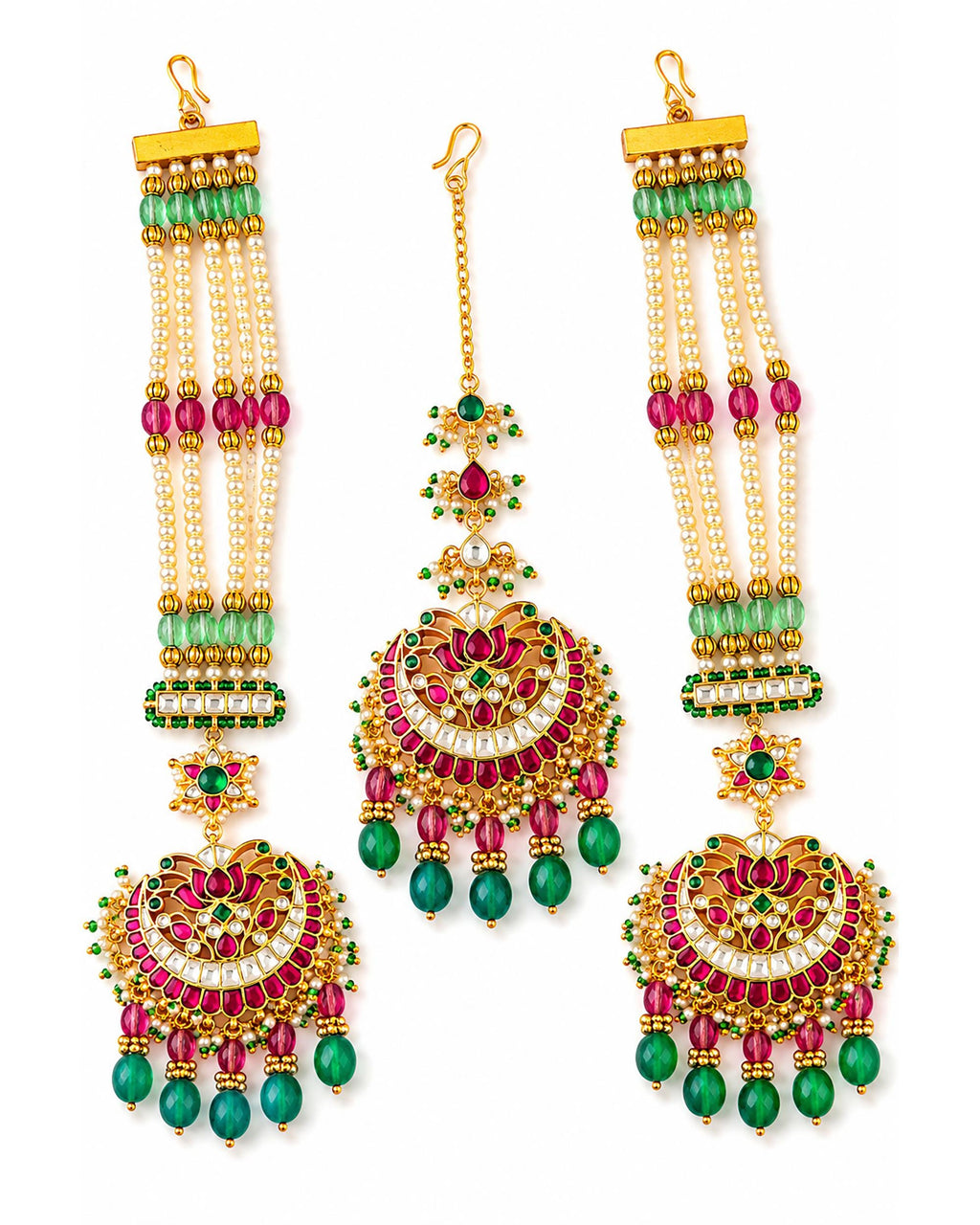 Kundan Chandbali Maang Tikka Set, Ruby Emerald Bridal Jewelry, Festive Ethnic Accessories