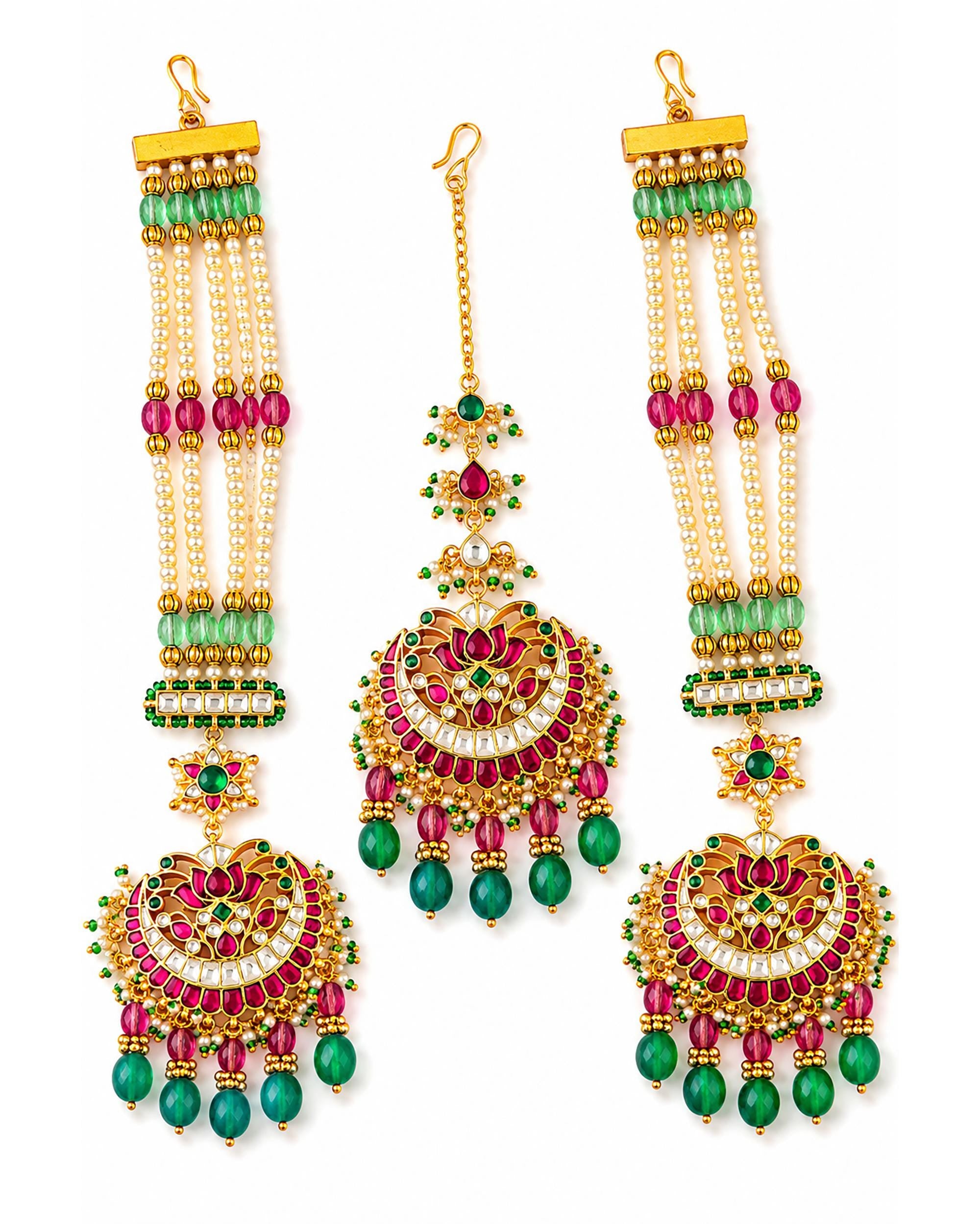 Kundan Chandbali Maang Tikka Set, Ruby Emerald Bridal Jewelry, Festive Ethnic Accessories